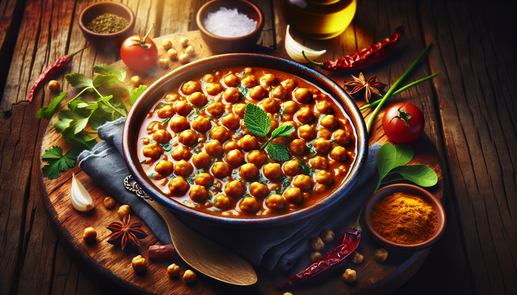 Hearty Chickpea Curry, hot. HDR, professional food photography, vivid.