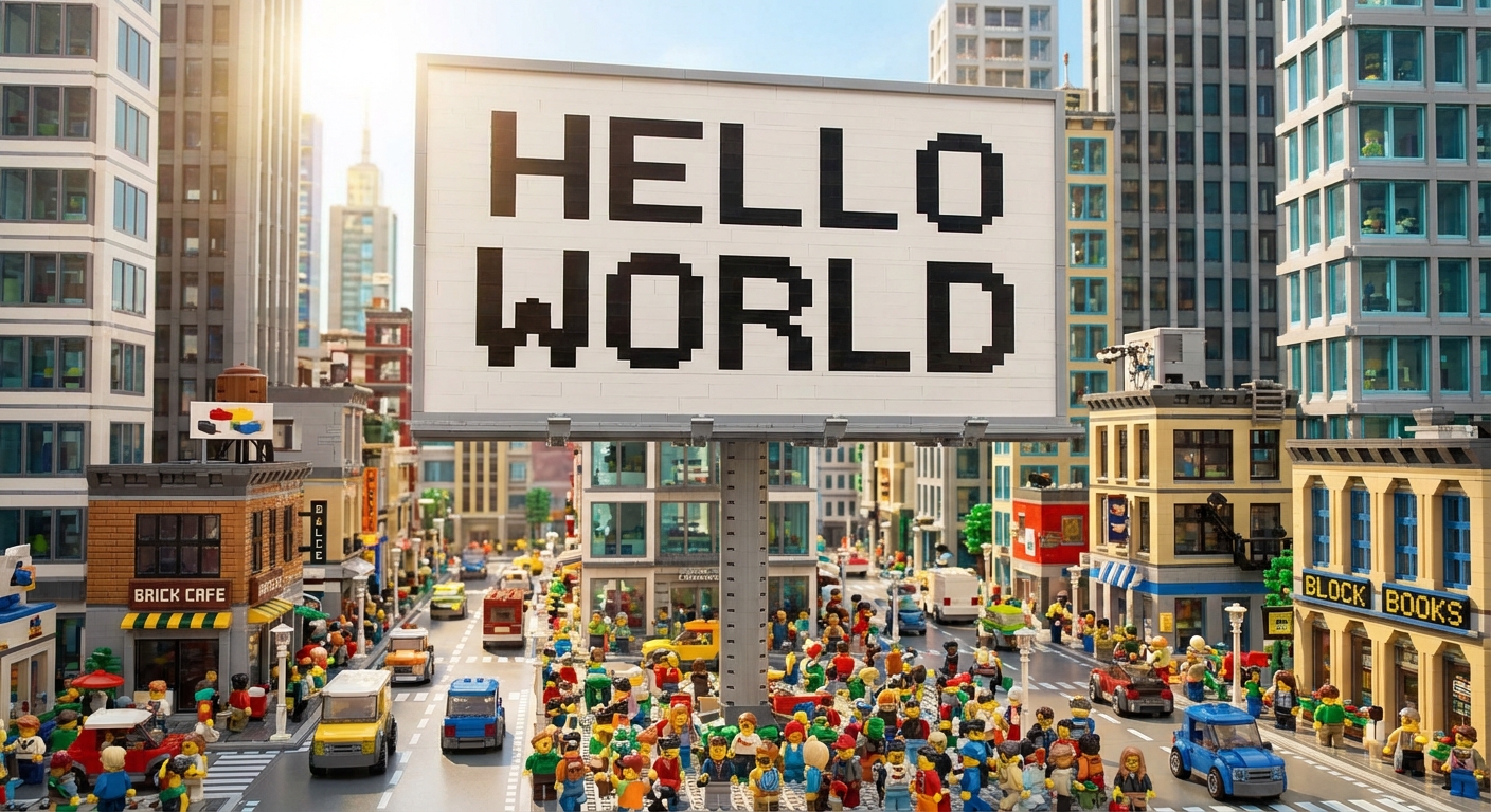A proeminent big billboard featuring "Hello World", placed in a lego modern city. Daylight, sunny, crowded streets, office buildings, little stores, looks like the world of very tiny people, colorful, little people of many colors.