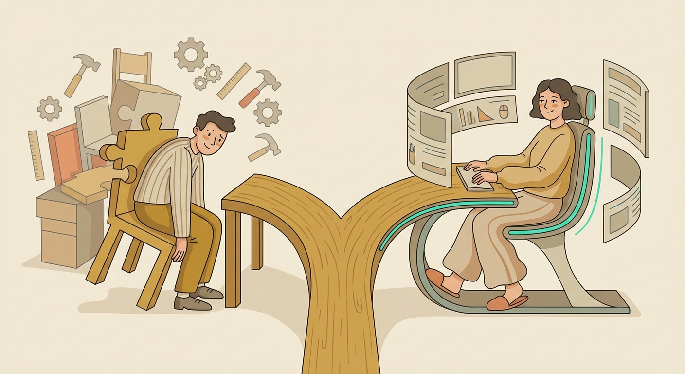Two paths diverge from a single desk. On the left, a person 
squeezes into an oddly shaped chair that doesn't quite fit, 
surrounded by mismatched furniture representing generic tools. 
On the right, a person sits comfortably at a perfectly fitted 
workspace built around them. Flat 2D editorial illustration, 
warm neutral tones with teal accent on the right path, 
clean and slightly wry in tone, no text in the image.