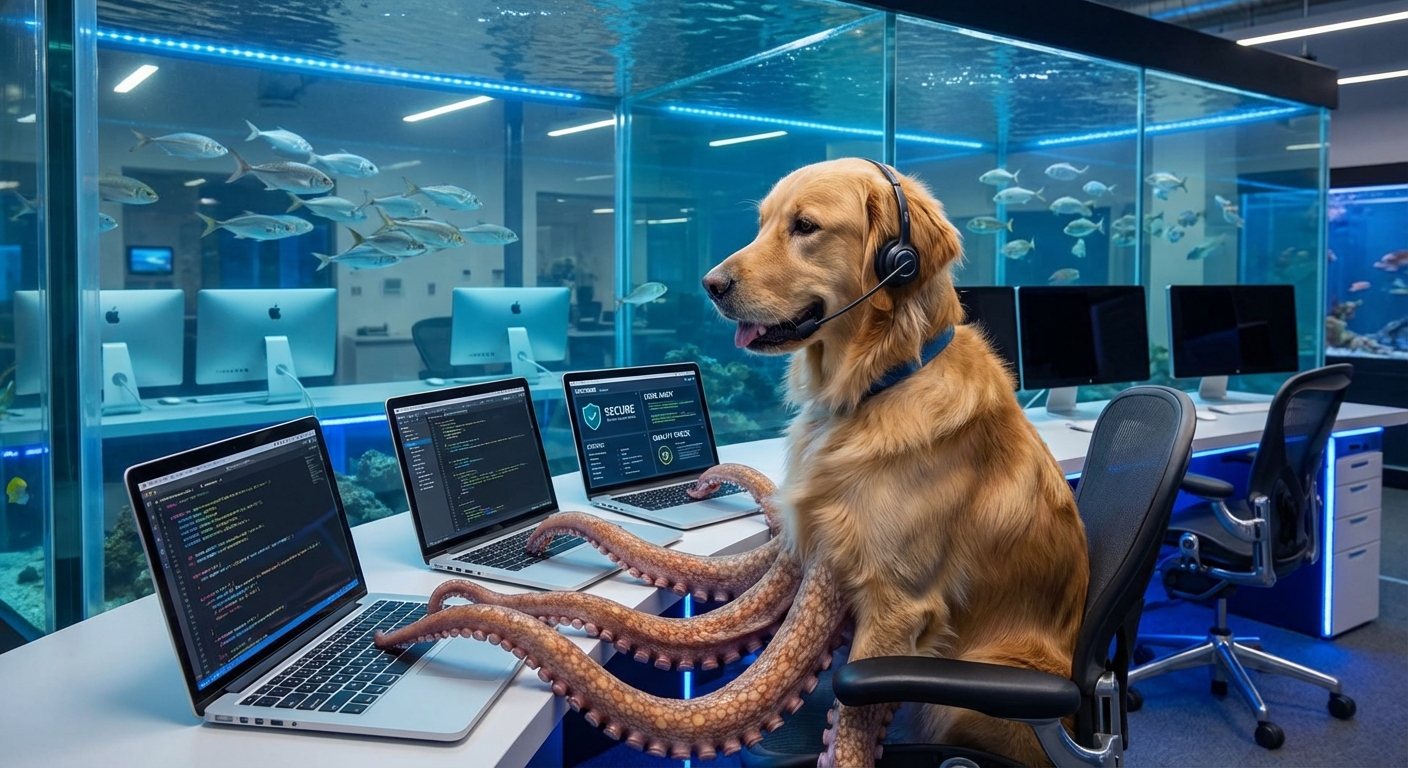 The topic security and code quality. Create a half octopus body with a dog head that works on multiple MacBooks. The environment is an aquarium with an office style interior. Modern tech style.
