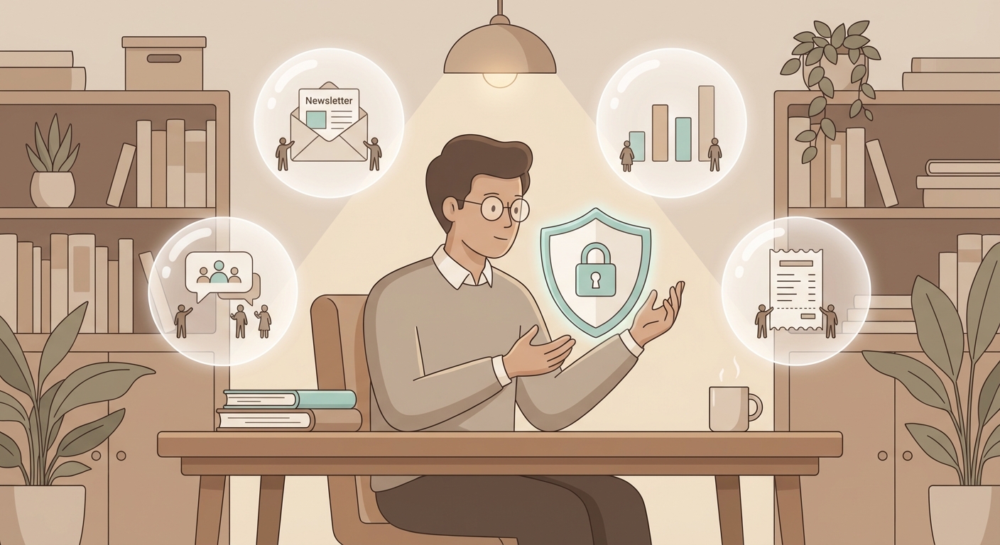 A journalist or editor sits at a desk surrounded by floating 
data bubbles — newsletter icons, analytics charts, comment 
threads, payment receipts — each one containing tiny reader 
silhouettes. The editor looks thoughtfully at a shield icon 
in the centre representing data protection. Calm editorial 
office atmosphere with bookshelves and warm lighting. Flat 
2D editorial illustration, warm neutral tones with soft 
teal accents on the shield, considered and trustworthy 
in mood, no...