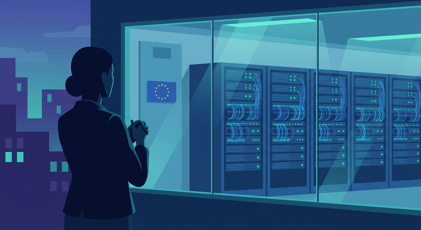A calm, organised server room with clean cable management and 
soft blue indicator lights, viewed through a glass window by 
a confident professional. A small EU flag is visible on the 
wall. Outside the window, a city skyline at dusk. Flat 2D 
editorial illustration, cool deep blue tones with soft teal 
accent lighting, clean and trustworthy in mood, no text in 
the image.