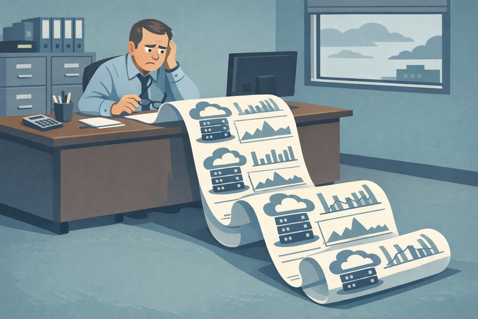 A finance director stares at an unexpectedly large bill 
unrolling across a desk and onto the floor, printed with 
cloud server icons and usage graphs. The room is a modest 
office with filing cabinets and a window showing a grey sky. 
Flat 2D editorial illustration, muted cool tones, slightly 
wry in tone, no text in the image.