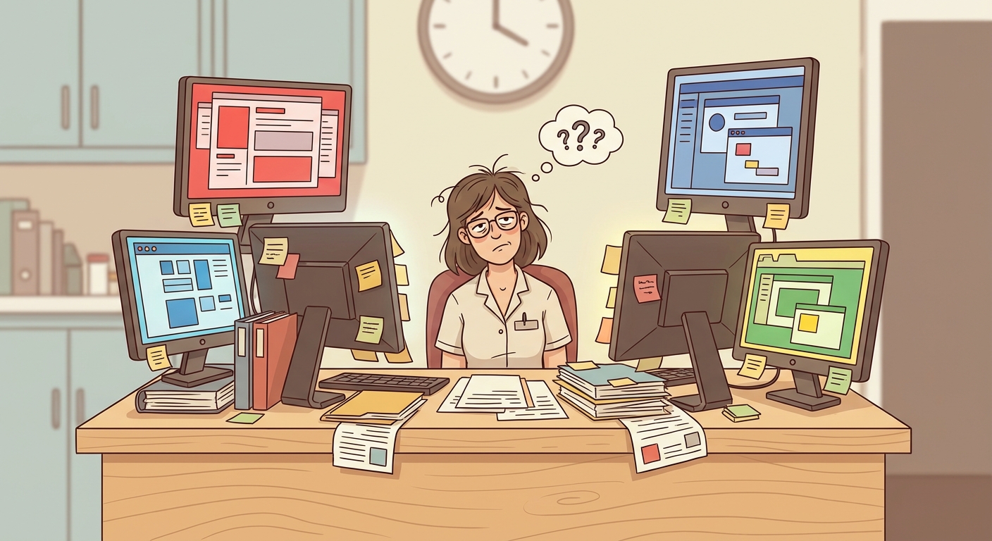A clinic reception desk overwhelmed by five different computer 
screens, each showing a different software interface, with the 
receptionist looking confused and exhausted in the middle. 
Stacks of papers and sticky notes everywhere. Warm clinical 
lighting. Flat 2D editorial illustration style, muted tones 
with small pops of colour on each screen, slightly wry in 
tone, no text in the image.
