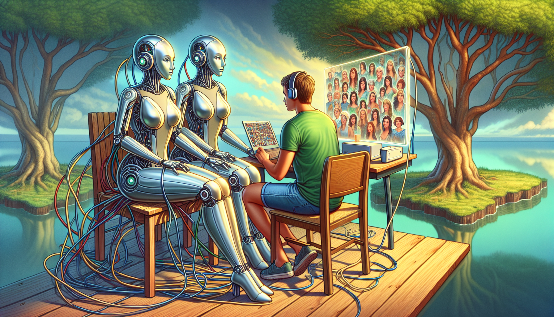 A group of 3 robots like women, around sitting down, connected with wires to a Mac mini on a wood desk, a man dressed casual, green t-shirt, short jeans on the other side in front of the apple display, doing a video call with a group of people visible on the screen; surrounded by nature, trees, sea in short distance. Cartoonish style, flat, 2d, vivid natural colors.