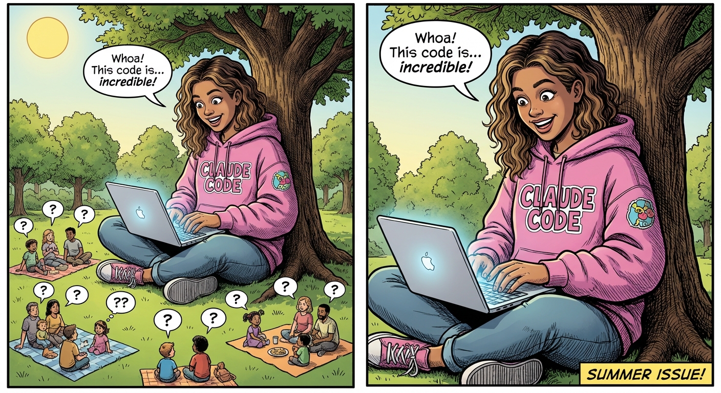 Comic style, a girl, mixt skin color, sitting down with a MacBook in her lap, typing, looking very fascinated, sitting under a tree, summer, in a park, wearing a pink hoodie with Claude Code logo. She is the biggest among other surrounding people and kids, like from Gulliver.