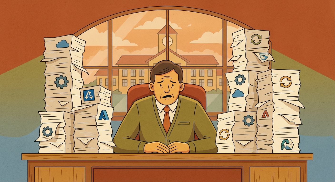 A school administrator sits at a desk surrounded by towering 
stacks of paper invoices and receipts, each labeled with 
different software logos and renewal notices. The stacks are 
so tall they're almost falling over. Through the window behind 
them, a school building is visible. Flat 2D illustration style, 
warm muted tones, slightly editorial, no text in the image.
