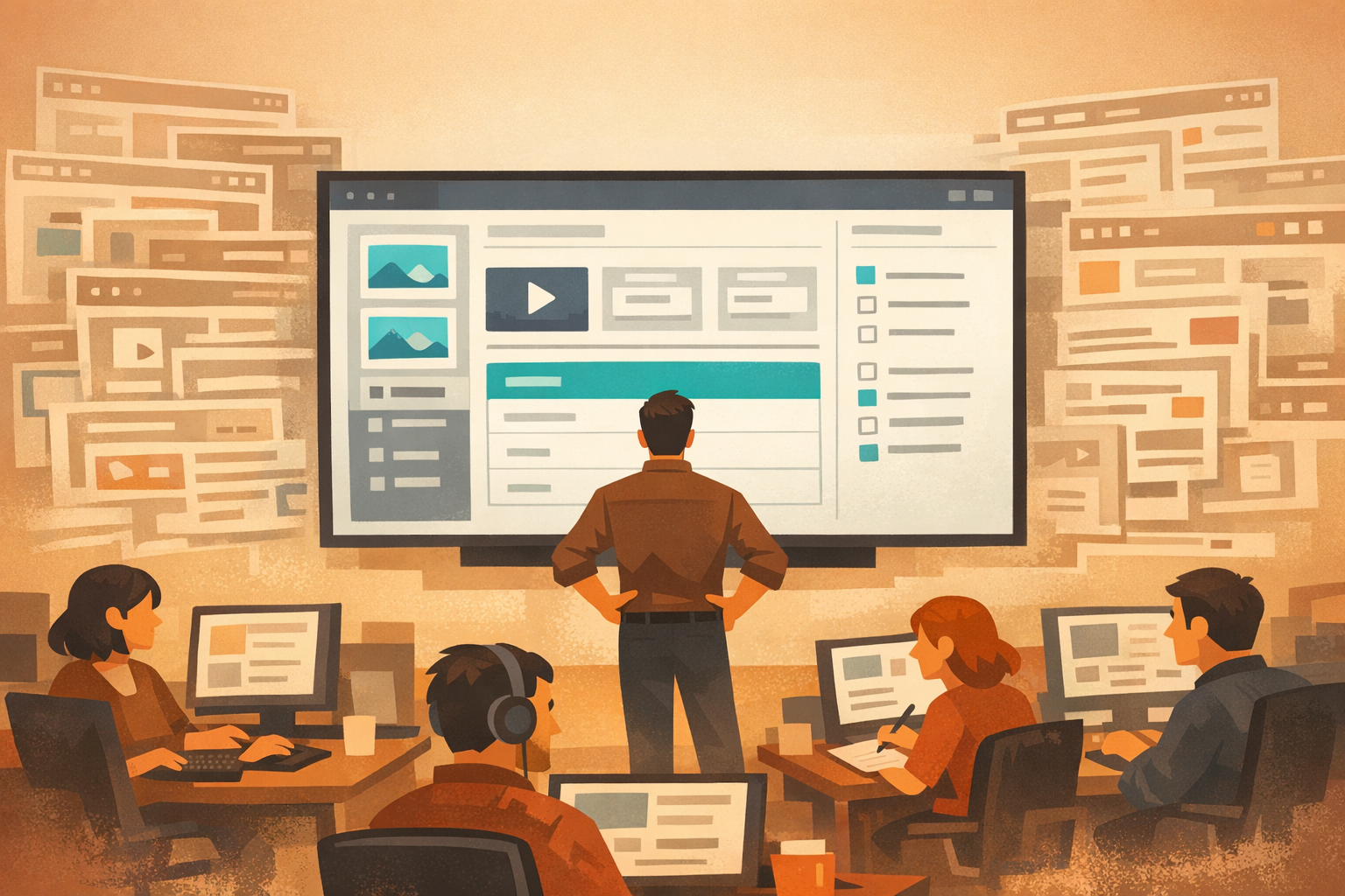 A busy newsroom with several journalists at desks, one editor 
standing at a central screen showing a clean, well-organised 
content management interface. Around the edges of the screen, 
ghost outlines of cluttered, confusing interfaces fade away. 
The mood is calm and focused. Flat 2D editorial illustration, 
warm newsroom tones with a single teal accent on the central 
screen, no text in the image.