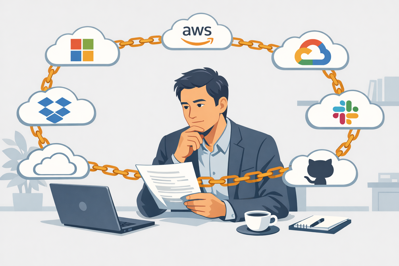 A professional sits at a desk studying a contract, with 
visible chains made of software logos connecting their 
computer to various cloud service icons floating around 
them. The expression is thoughtful rather than panicked — 
someone realising something important before it's too late. 
Clean office environment. Flat 2D editorial illustration, 
cool neutral tones with a single amber accent on the 
chains, no text in the image.