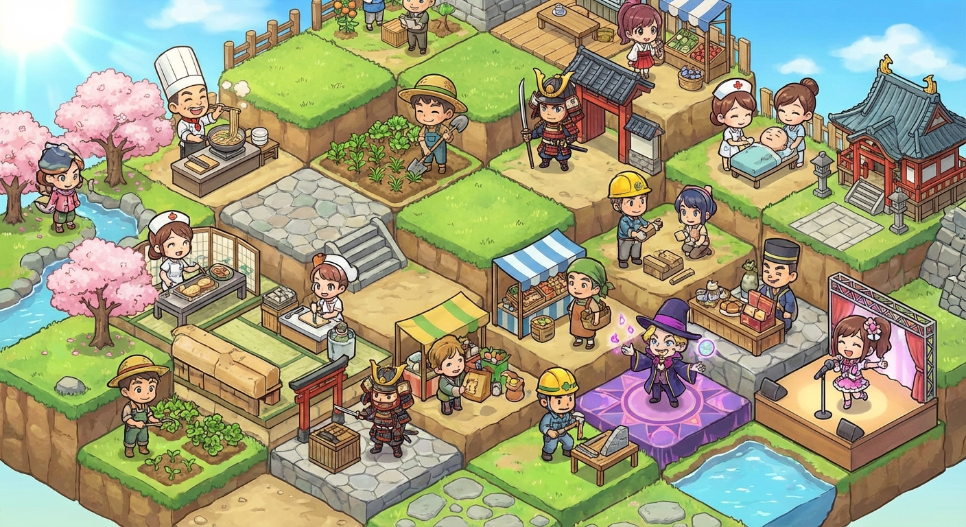 A 2.5 tiled game scenery, with people representing different jobs, roles, in random tiles. Colorful, Japanese anime style.