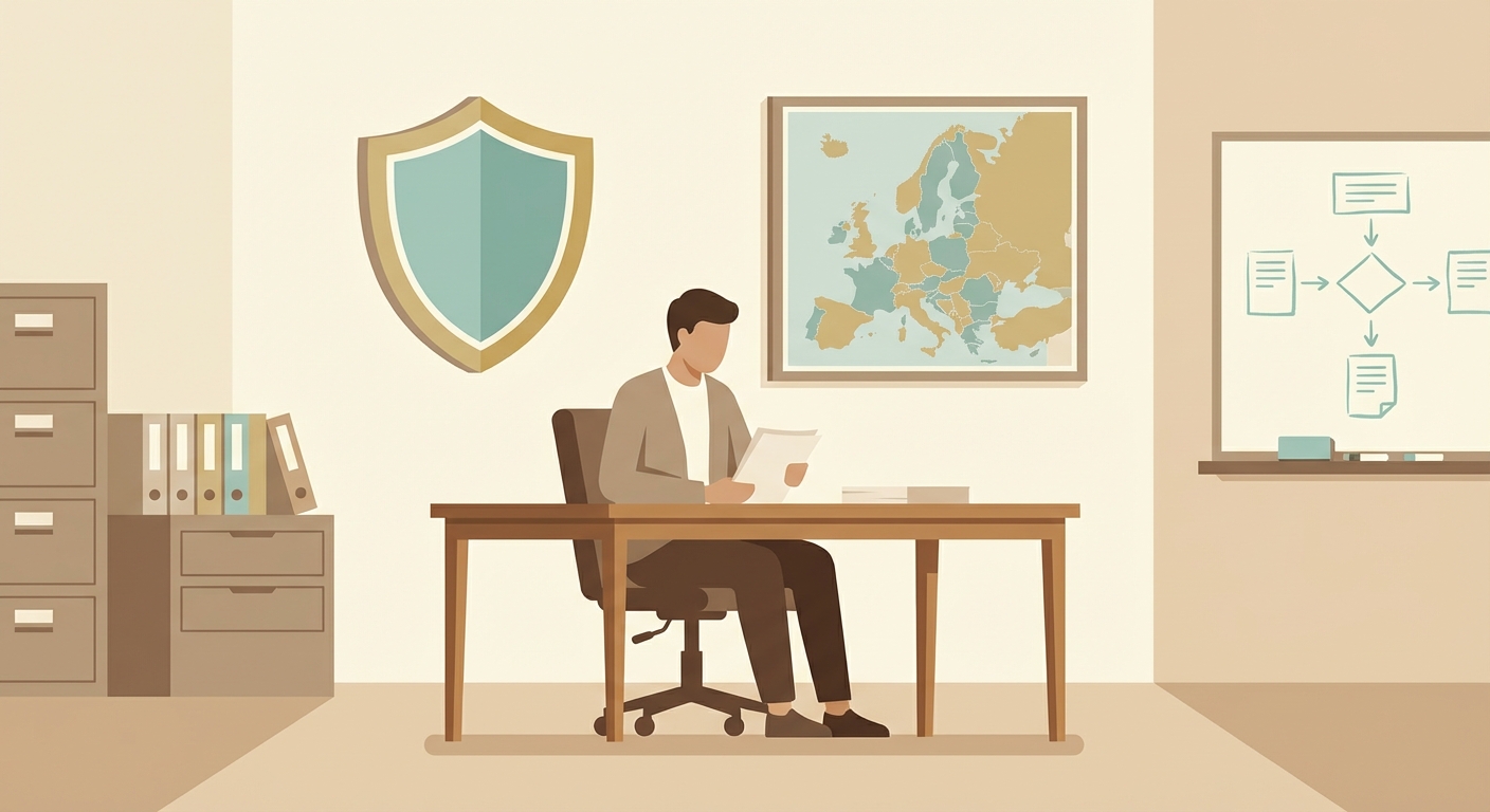 A school administrator sits at a desk reviewing documents, 
with a large shield icon visible on the wall behind them 
alongside a map of Europe. Filing cabinets and a whiteboard 
with a simple data flow diagram are visible in the background. 
The mood is calm and purposeful. Flat 2D editorial illustration, 
warm neutral tones with soft teal accents, no text in the image.