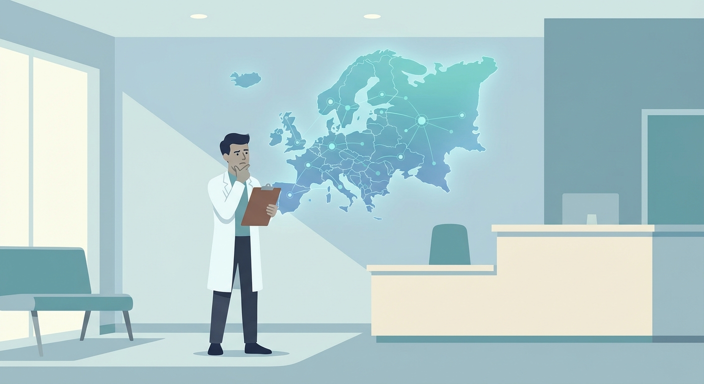 A doctor or clinic administrator stands in front of a large 
transparent map of Europe, with glowing data points scattered 
across different countries connected by lines. The person 
looks thoughtful and slightly concerned, holding a clipboard. 
Clean clinical environment. Flat 2D editorial illustration, 
cool muted tones with soft blue and teal accents, no text 
in the image.