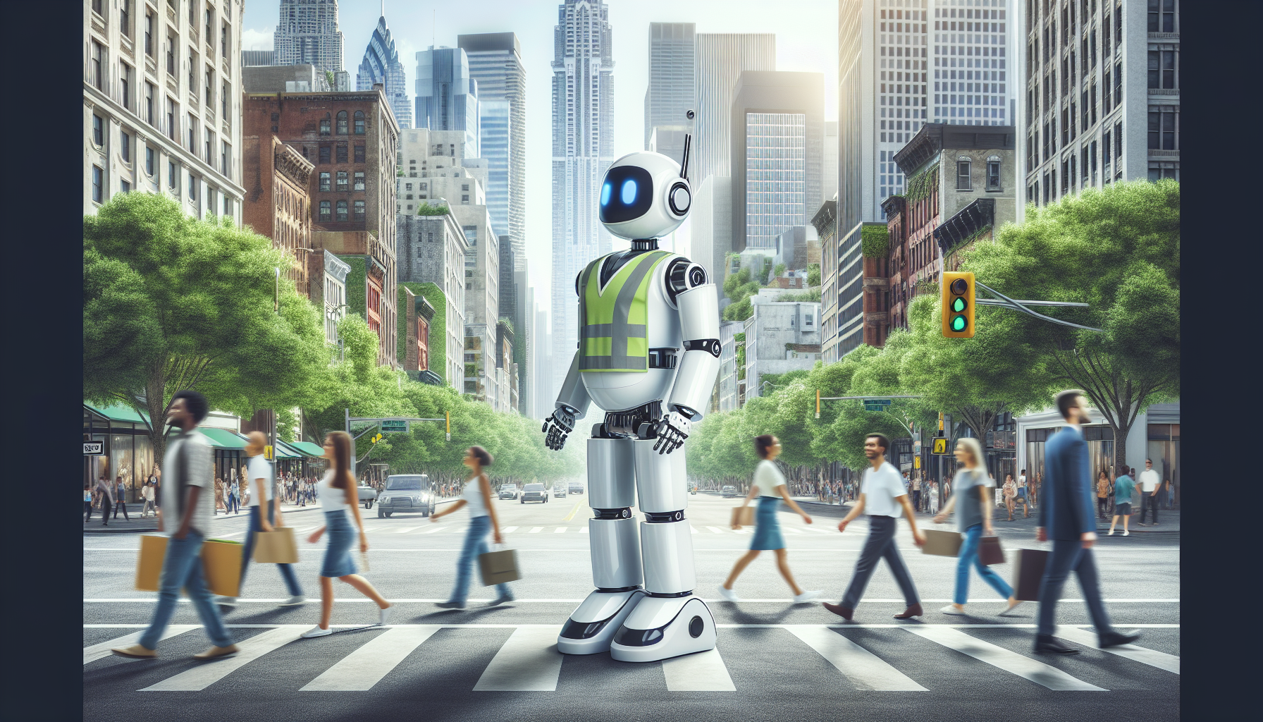 A friendly robot, using a security uniform, helping people on a crowded intersection, cityscape, with lot of trees and green areas around.