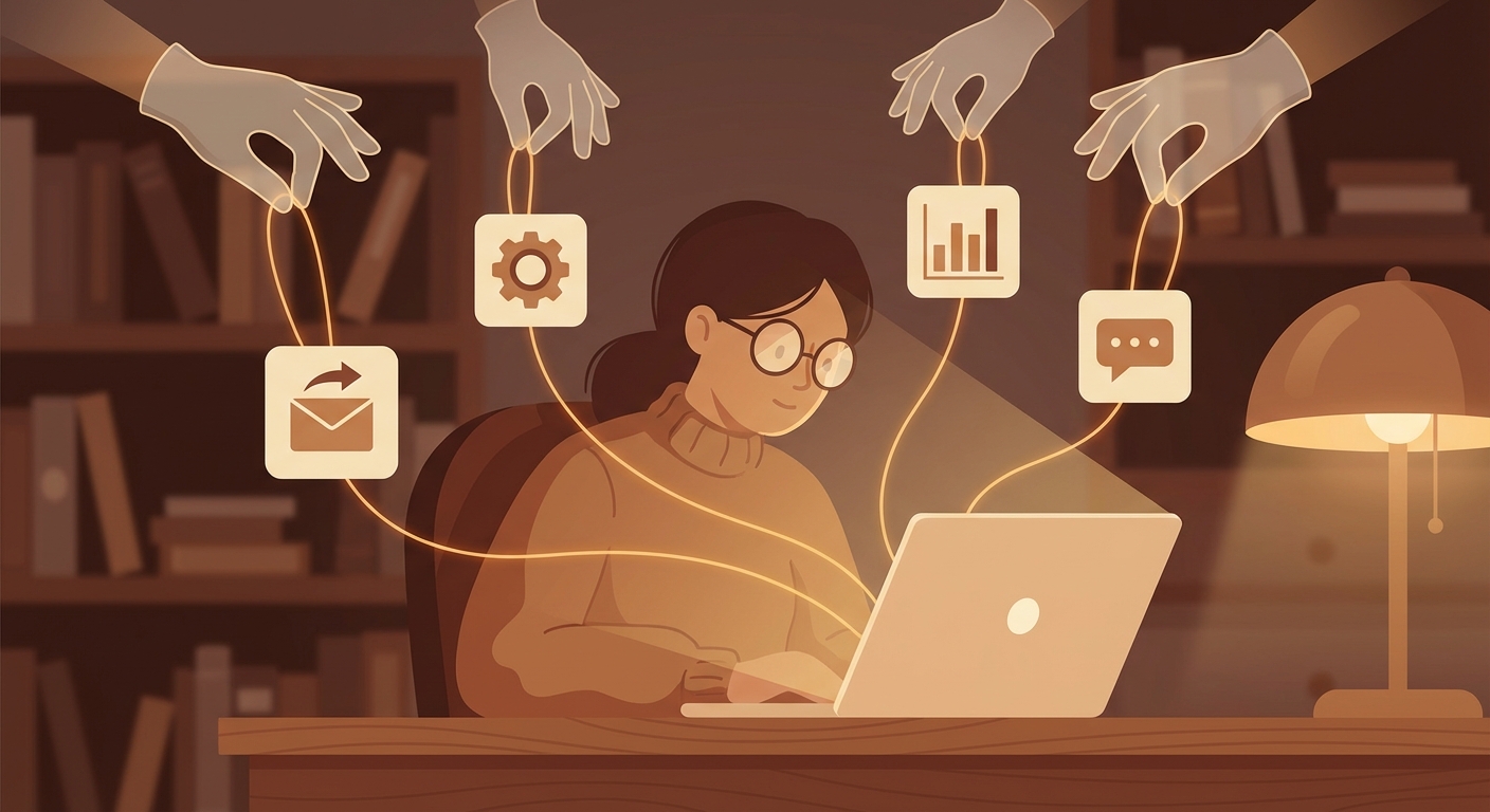 An independent journalist or publisher sits at a desk working 
on their laptop, surrounded by floating icons representing 
different platforms — newsletter, CMS, analytics, comments — 
each connected to the laptop by thin threads held by unseen 
hands above. The journalist looks focused but unaware of the 
threads. Warm editorial atmosphere, bookshelves and a desk 
lamp in the background. Flat 2D editorial illustration, warm 
neutral tones with amber accents on the threads, slightly ...