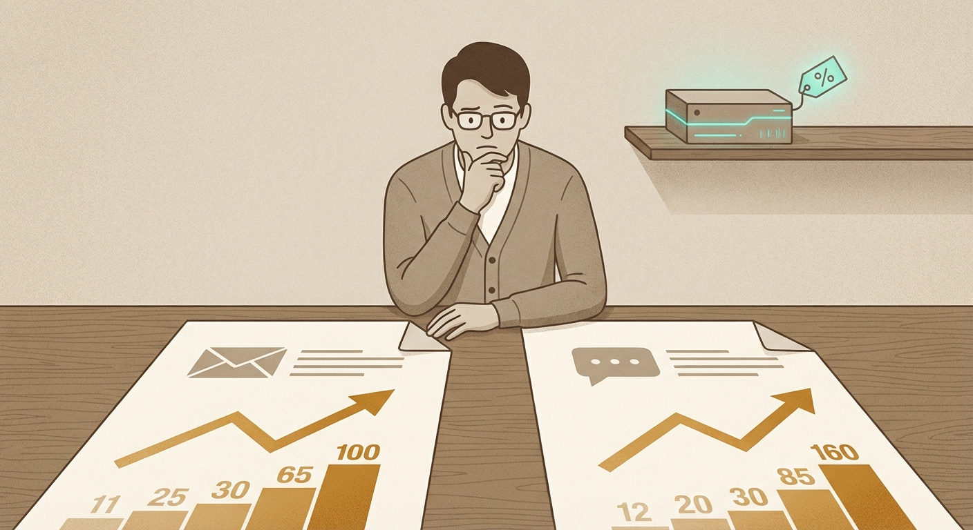 A publisher at a desk reviews two large invoices side by 
side — one labeled with a newsletter icon, one with a blog 
icon — both showing growing numbers. A small self-hosted 
server sits quietly on a shelf behind them, glowing green, 
with a price tag showing a fraction of the invoice totals. 
The publisher looks thoughtful. Flat 2D editorial 
illustration, warm neutral tones with amber accent on the 
invoices and teal on the server, no text in the image.