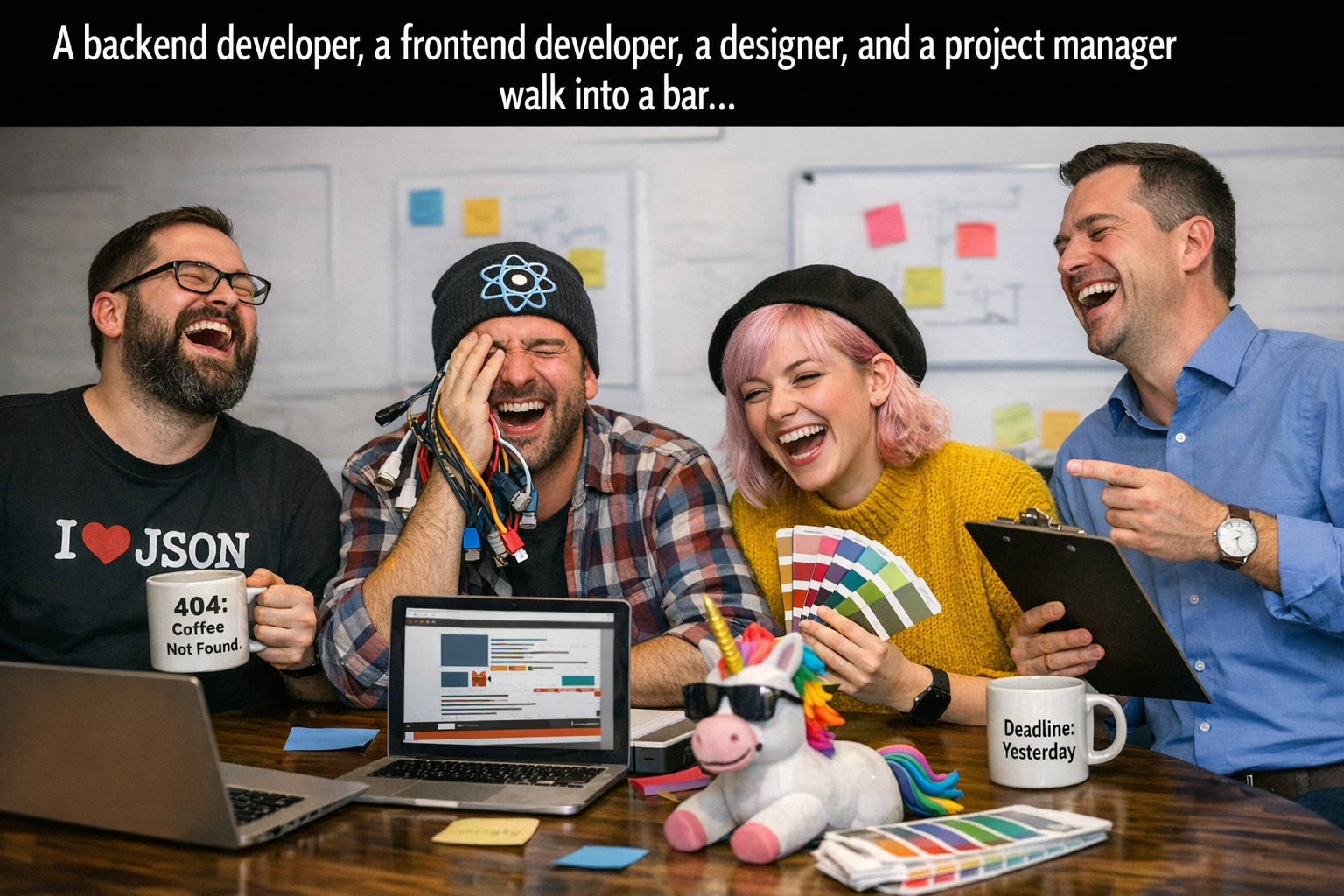 A backend developer, a frontend developer, a designer and a project manager in a joke.