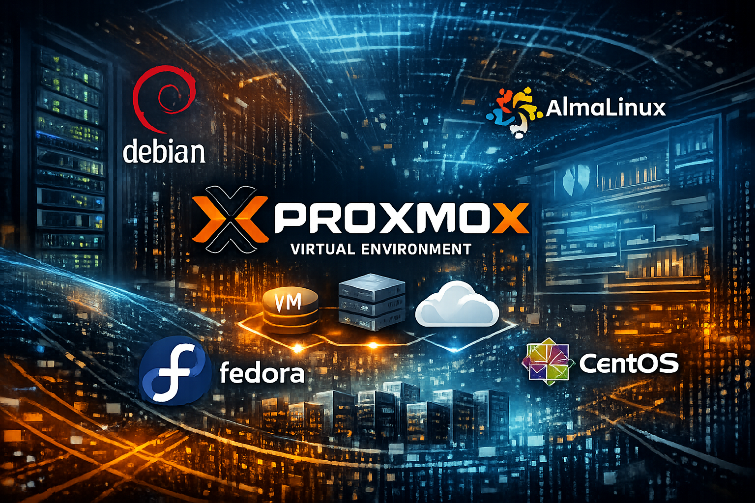 Create an image inspired by the Proxmox virtualization solution. Include logos of free Gnu Linux distributions like Debian, Alma Linux, Fedora and CentOS.
