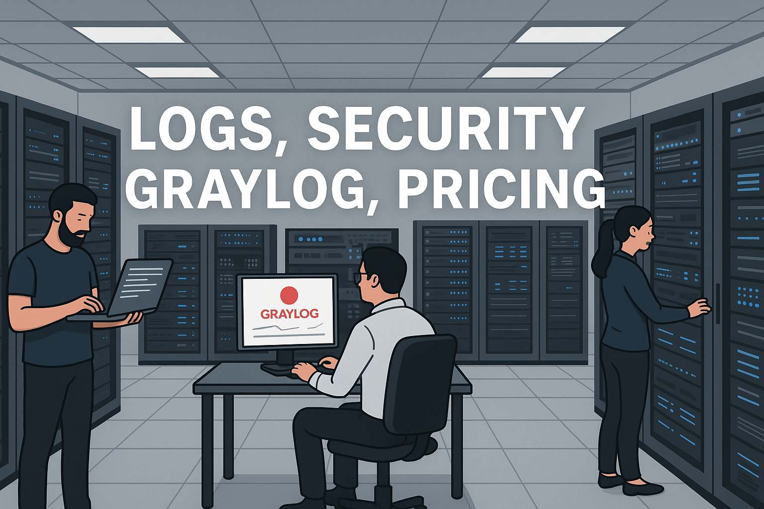 The topic for the image is Logs, Security, Graylog, pricing. The environment should be like datacenter, with some racks, with servers and switches, a few people working, clean, well organized.