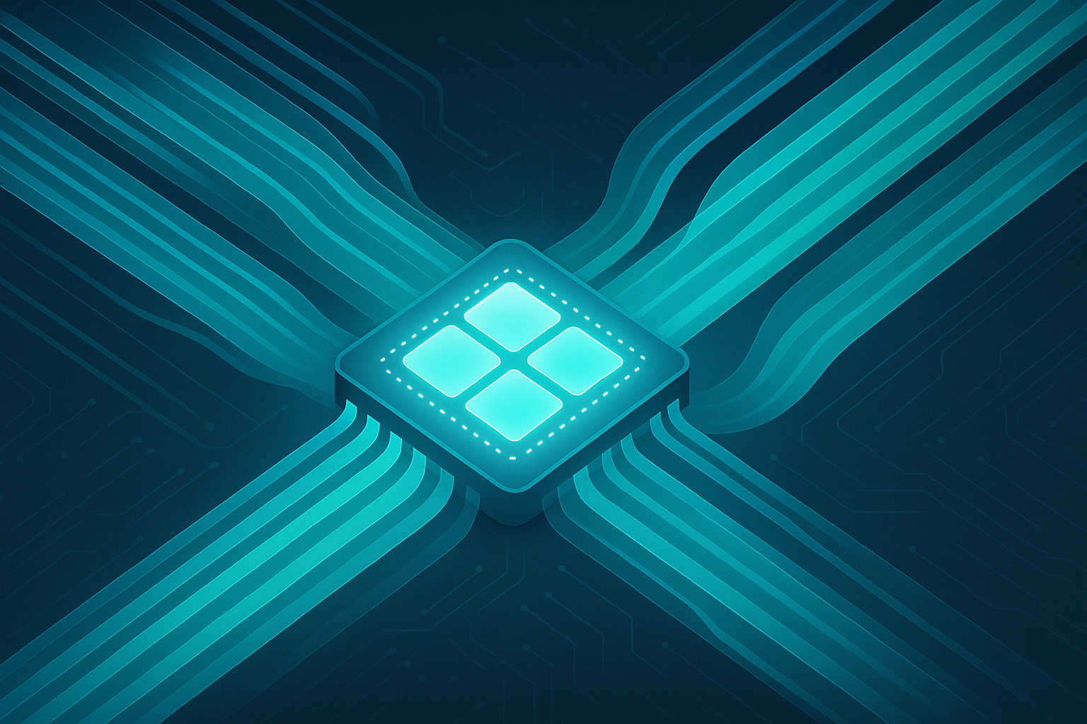 A clean, modern technical illustration: a single glowing multi-core CPU at the centre, with translucent layered streams of light representing virtual machine and container threads flowing into and out of the cores like lanes of traffic merging through a junction. Cool blues and teals on a dark background, subtle circuit-board texture, a sense of orderly flow and scheduling rather than chaos. Minimalist, editorial tech-blog aesthetic, no text, 16:9.