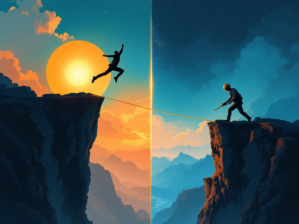 Split illustration: a daring entrepreneur leaping off a cliff toward a rising sun (symbolizing bold risk-taking) and a meticulous architect building a sturdy bridge (symbolizing cautious planning), connected by a glowing line representing balance.