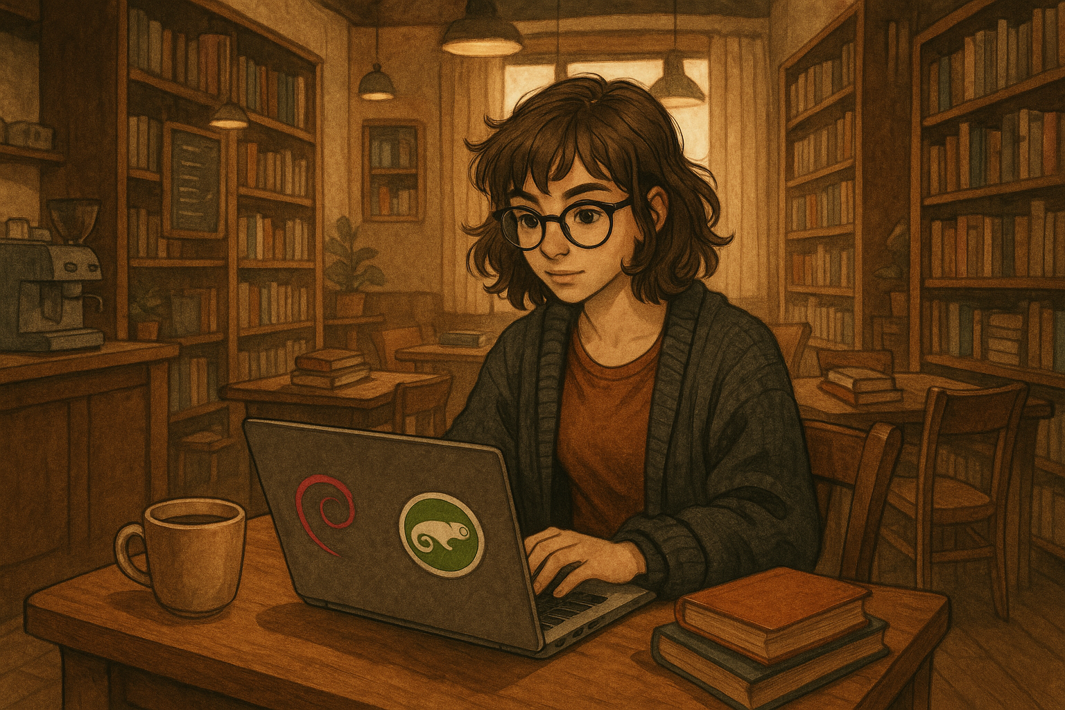 A cozy coffee shop with books around. In the middle a desk with a person working on a laptop with Debian and OpenSuse stickers. The person is a young woman with a bit of geek touch.
