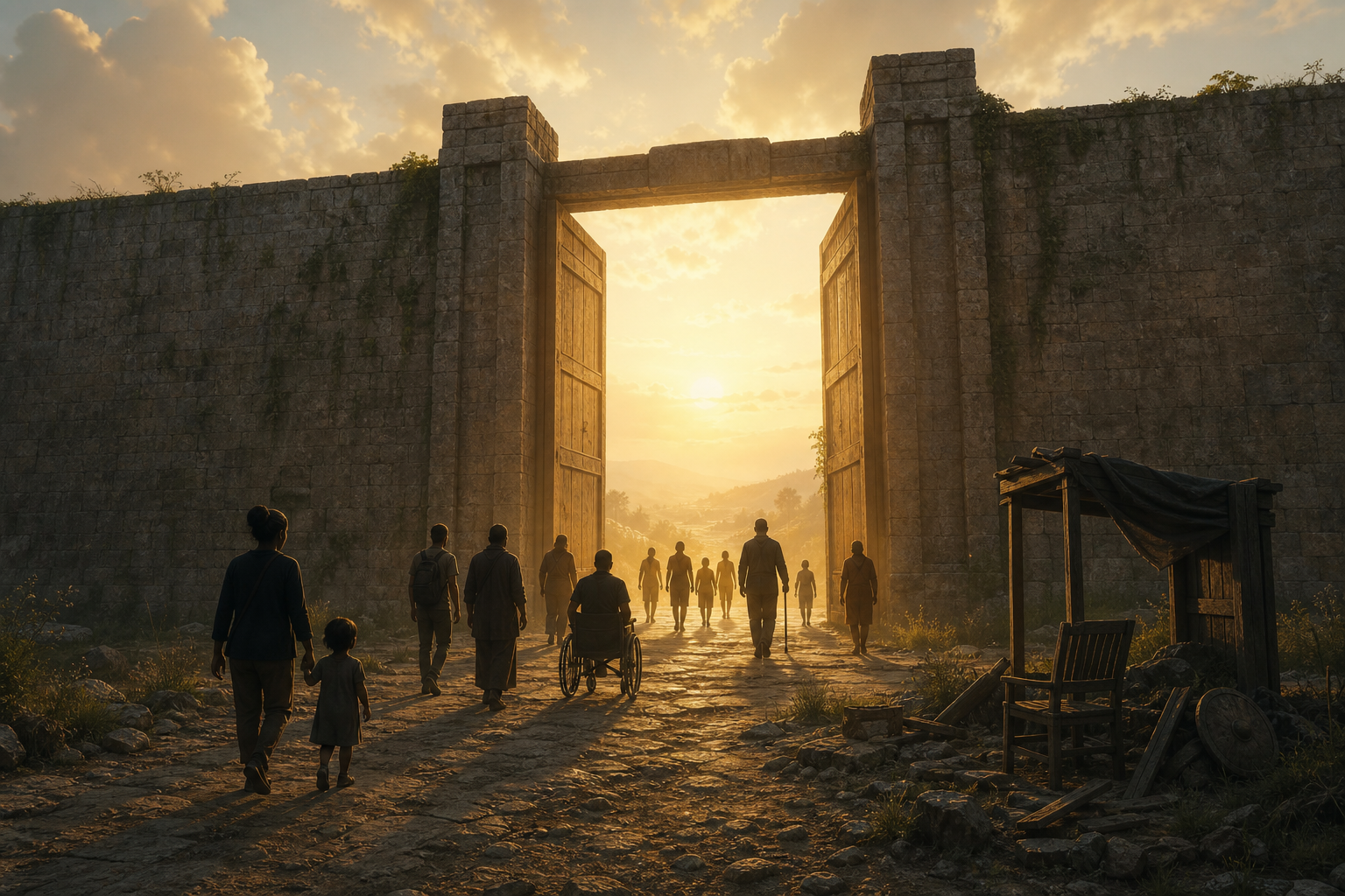 Diverse silhouettes of people approaching an open gate in an ancient stone wall, with warm light streaming through and an abandoned guard post in the foreground.