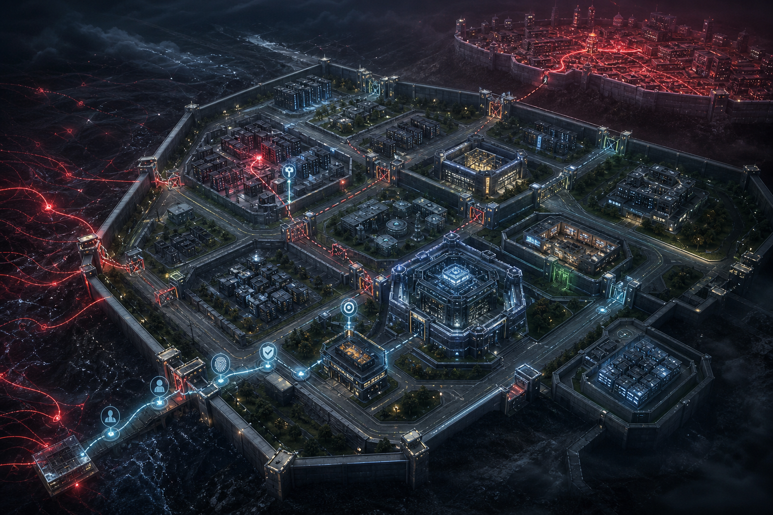 Create a cinematic editorial illustration for a serious cybersecurity and infrastructure engineering article titled **“Your Firewall Is Not Your Security Architecture.”**

Show a vast modern digital infrastructure as a **fortified city viewed from a dramatic elevated isometric perspective**.

At the outer edge is the hostile Internet: dark, chaotic, storm-like digital terrain filled with faint anonymous attack signals, malicious traffic, scanning attempts and glowing red connection paths...
