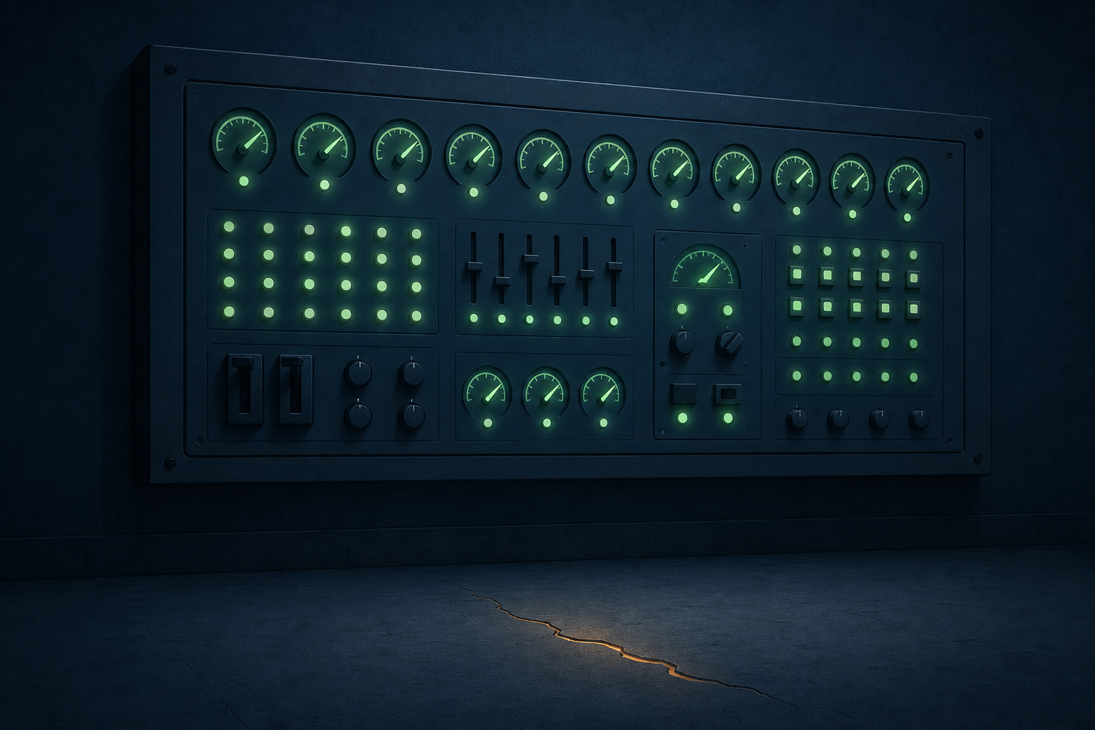 A wall-mounted control panel with glowing green status lights all indicating "OK," while a hairline crack in the floor below emits an unnoticed warm light.