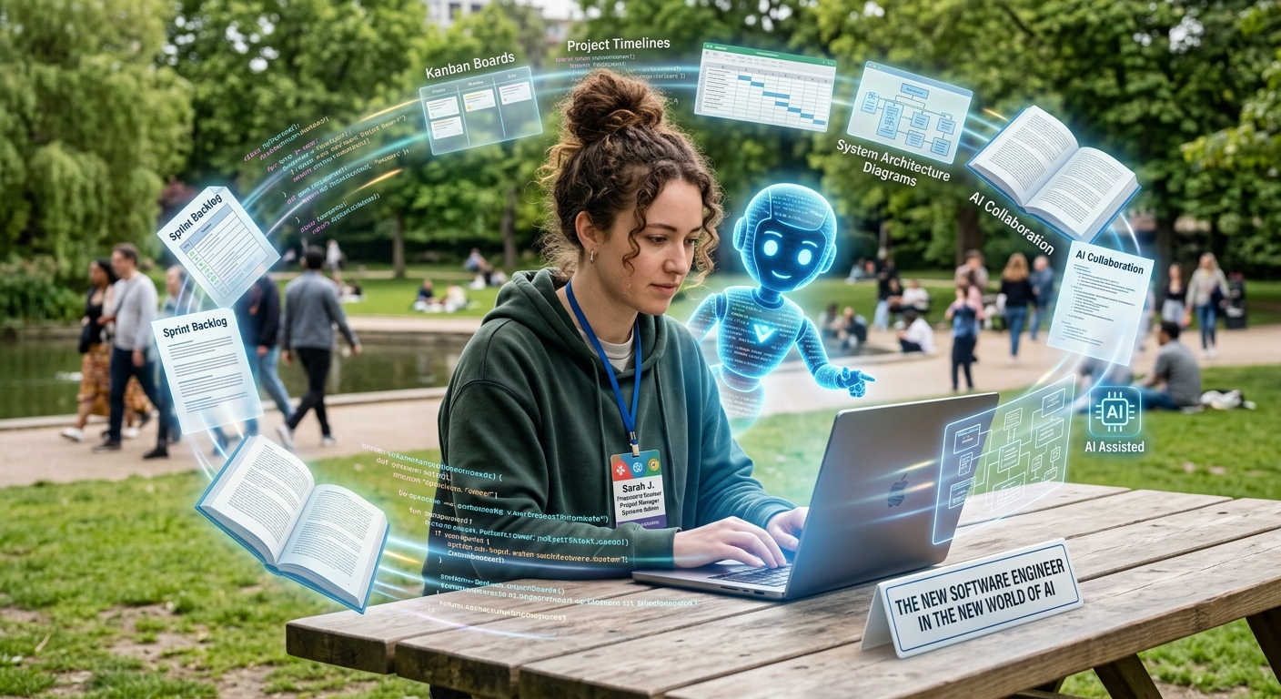 She is a developer. She is a product owner. She is a project manager. She is a systems administrator. She has a co-worker, AI. She is the new software engineer in the new world of AI.

Picture a young woman, sitting on a chair at a table in a park, working on a laptop.

All around her, imaginary elements of coding and documents and books "fly" and there is a sense of AI around her.