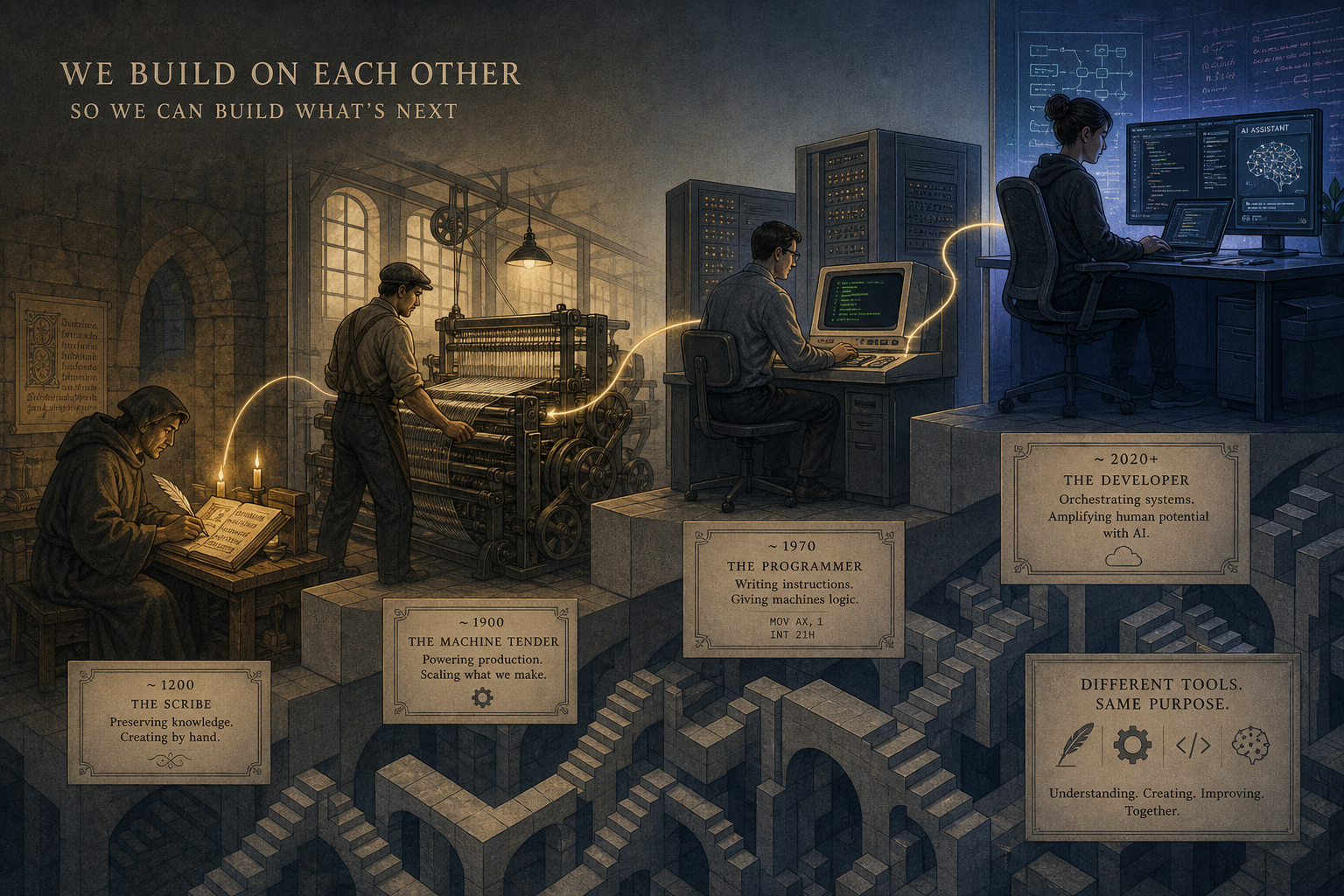 A timeline of four figures climbing progressively higher, from medieval scribe to modern developer, connected by threads of light with a gradient background shifting from candlelight to screens.