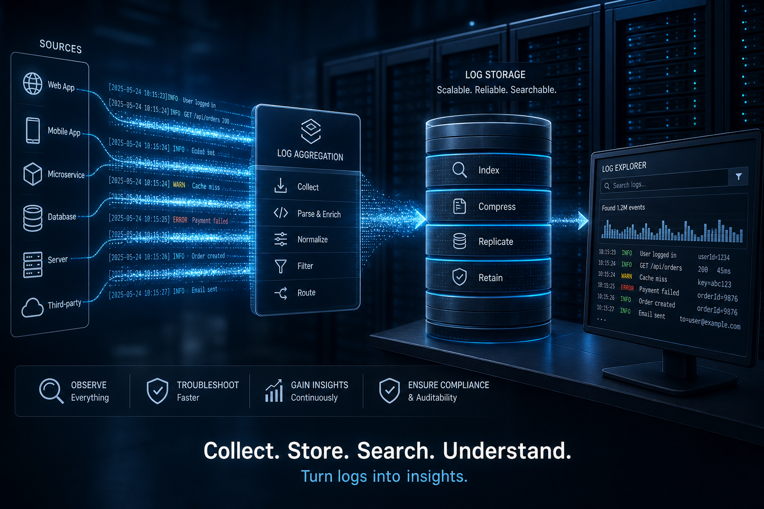 A server room with glowing monitoring screens displaying system logs and data streams in real-time.