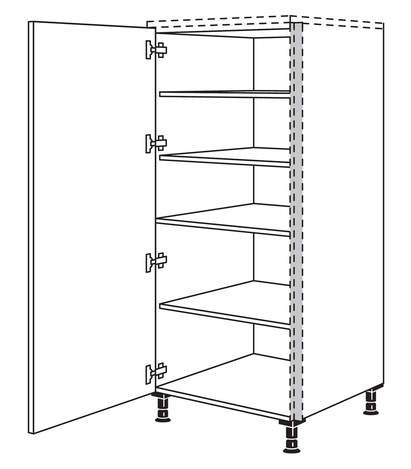 Grifflose Griffmulde am Stauraum-Highboard, Zeichnung mit offener Tür und Einlegeböden