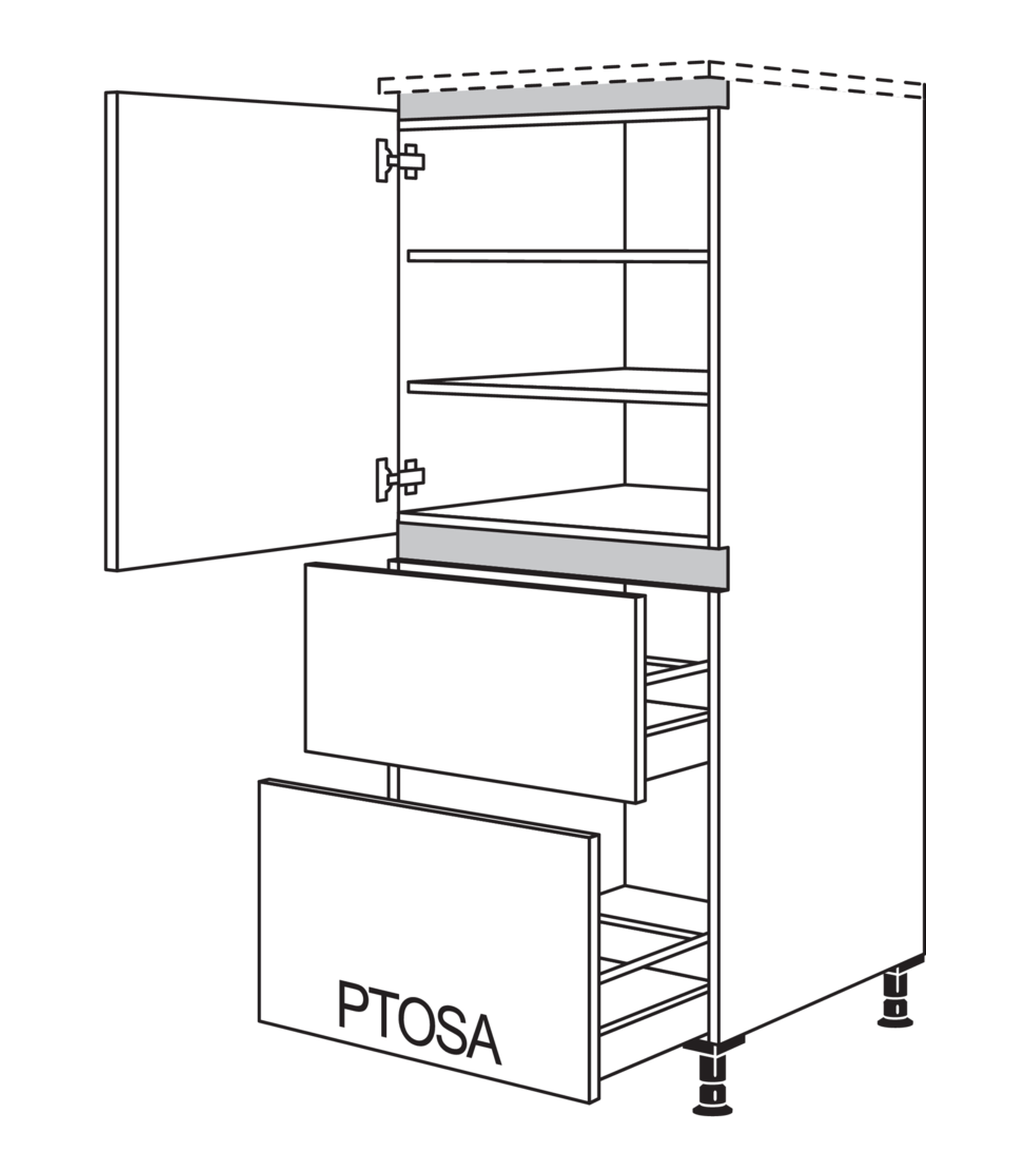 Unterer Auszug mit mechanischer Öffnungsunterstützung an einem Vorrats-Highboard der Line One.