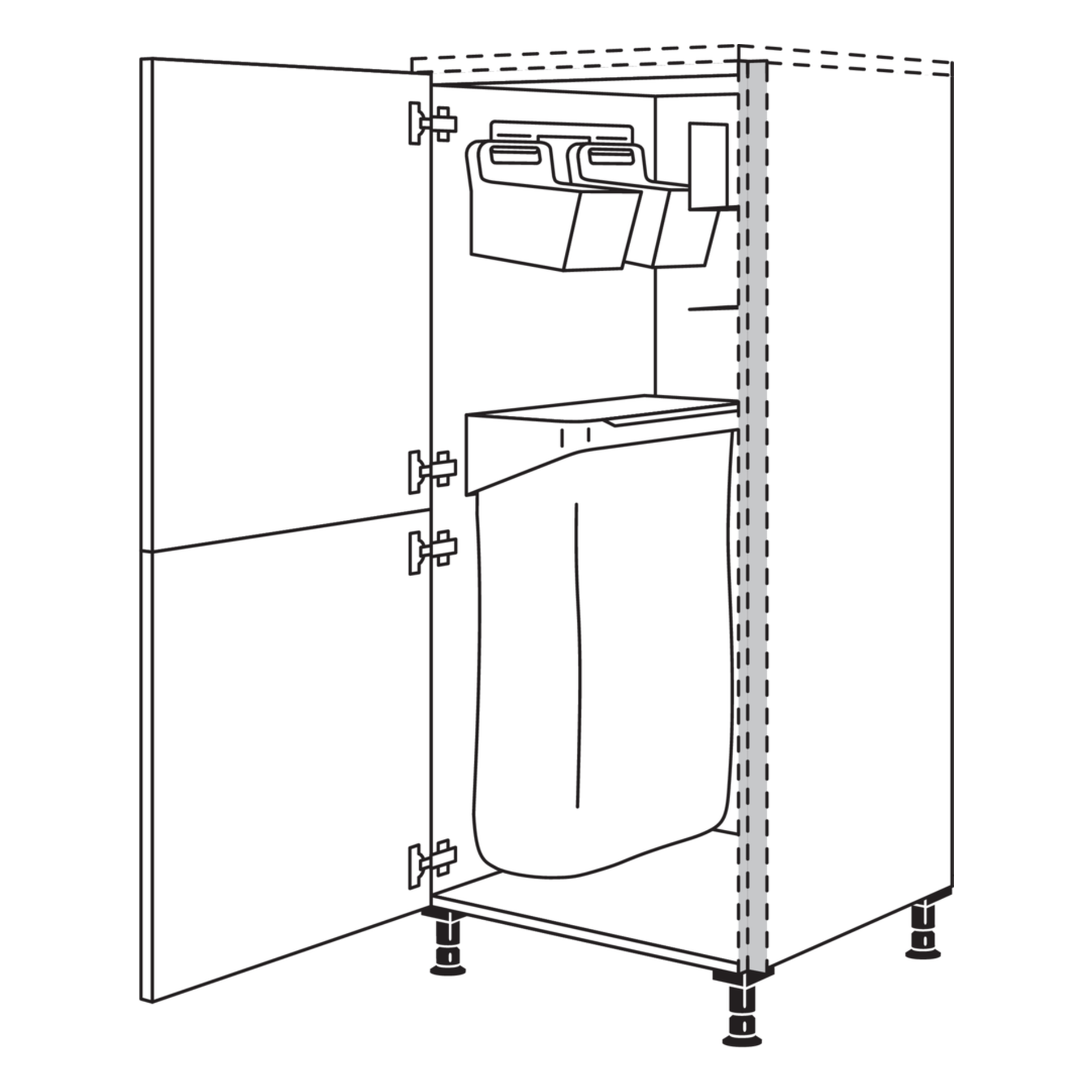 Skizze des Nobilia Highboards mit Ordnungssystem Laundry-Area (NHSOS), innen Wertstoff-Depot mit Baumwollsack.