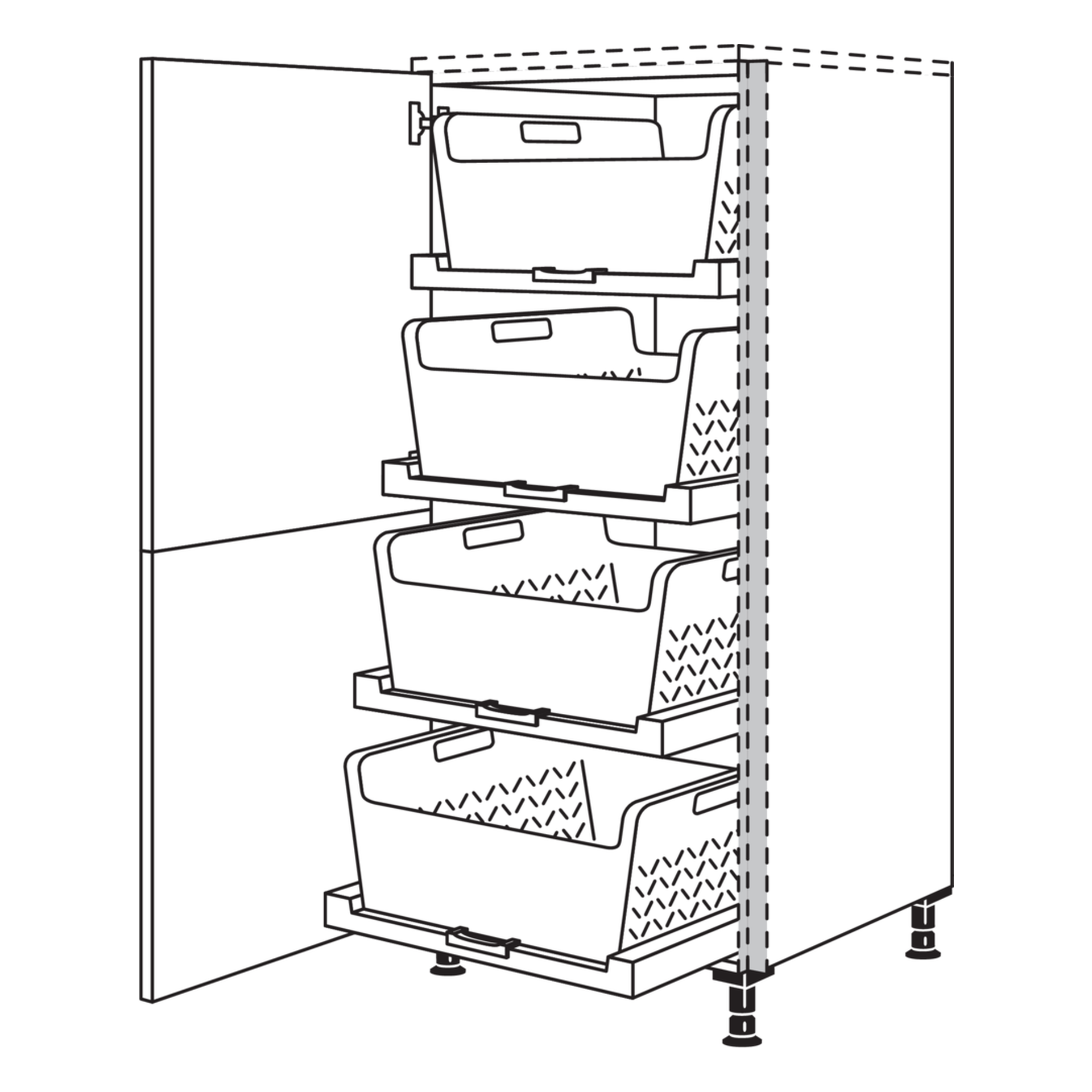Skizze des Nobilia Highboards mit Wäschekorb-Tablar Laundry-Area (NHSWTAB), vier Tablarauszüge mit Wäschekörben.