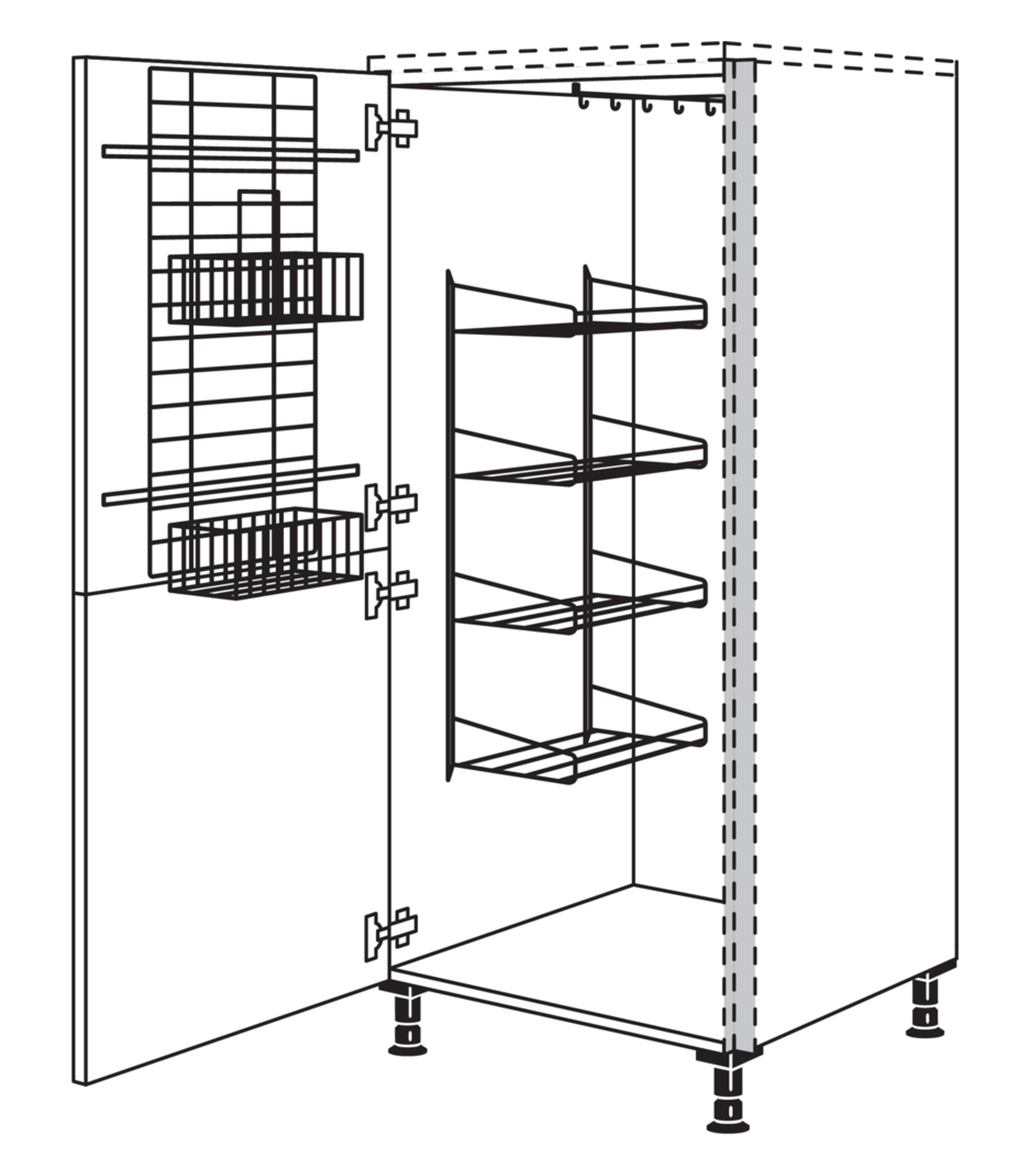 Strichzeichnung eines grifflosen Line N Highboards als Putzmittelschrank, an der Tür Körbe und Halter für das Putzzeug.