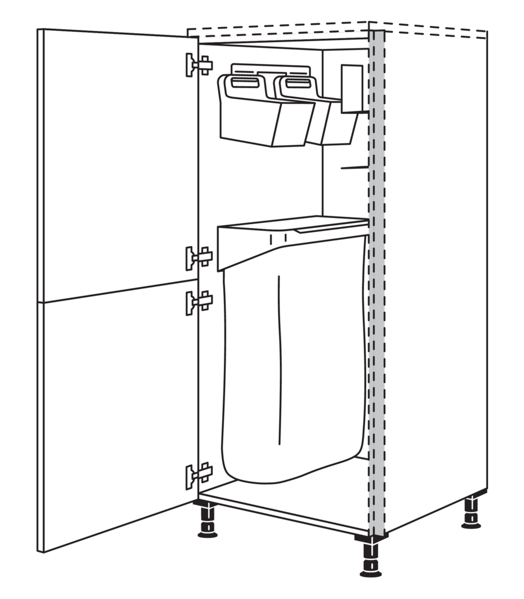 Strichzeichnung des Ordnungssystems Laundry-Area im grifflosen Highboard, mit Besen- und Wischerhalter und zwei Utensilienbehältern.