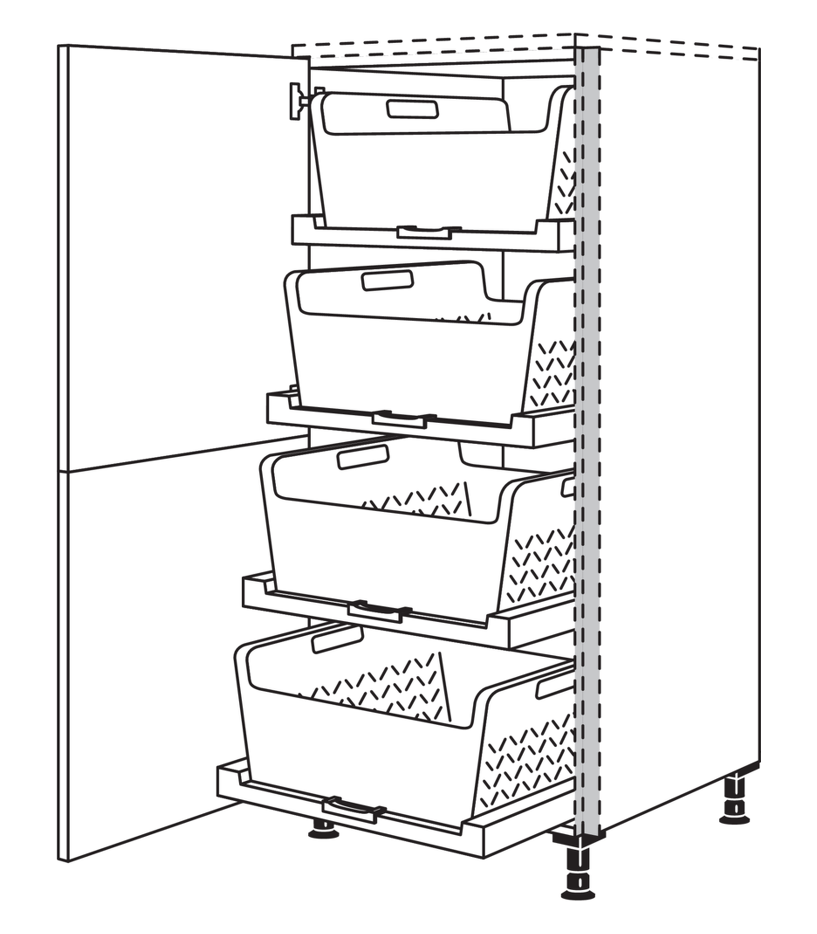 Strichzeichnung des Wäschekorb-Tablars im grifflosen Highboard, vier ausfahrbare Wäschekörbe übereinander.