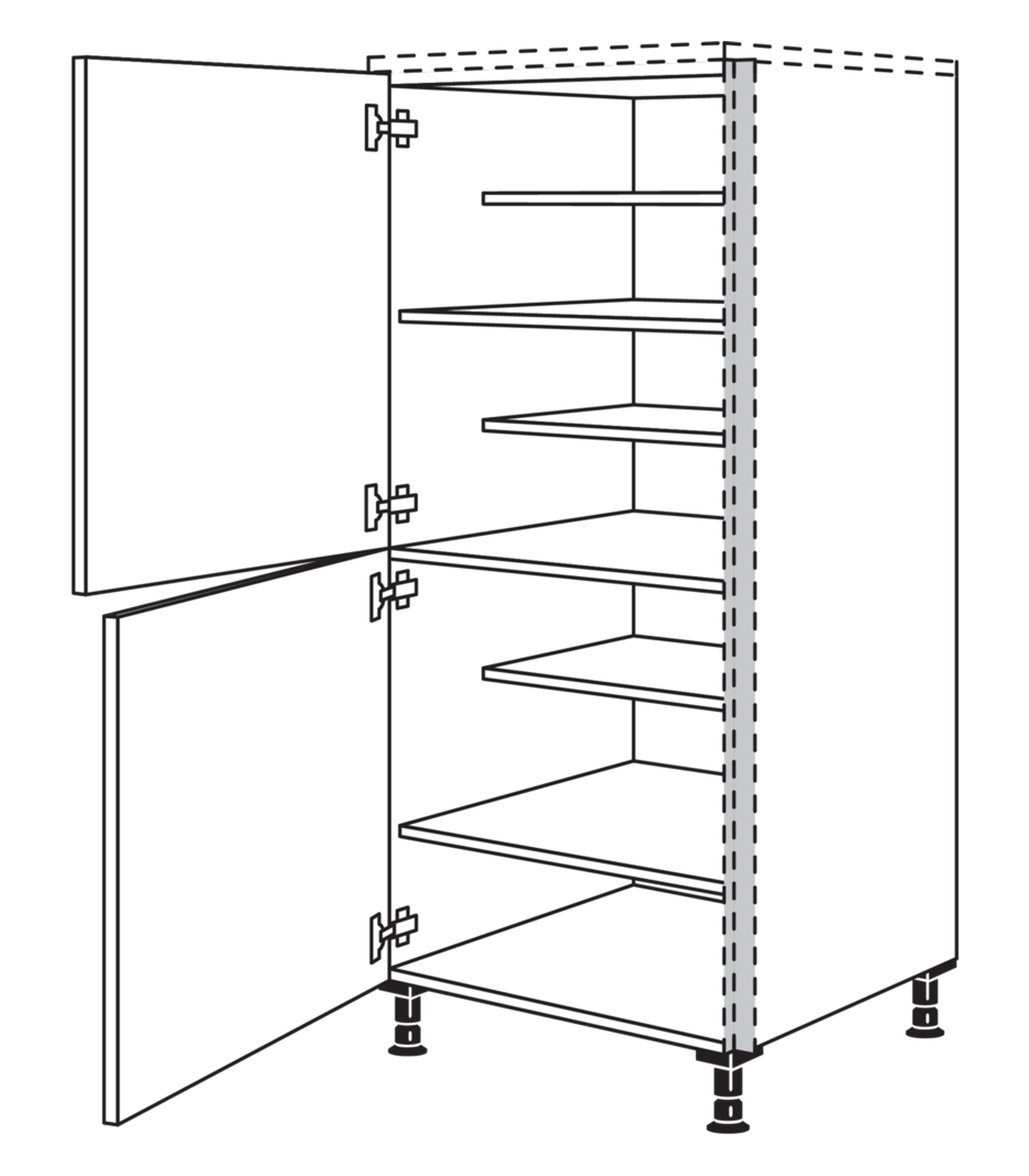 Grifflose Line N Skizze vom Schuhschrank in Highboardhöhe und 60 cm Breite, mit festem Boden und senkrechter Griffmulde