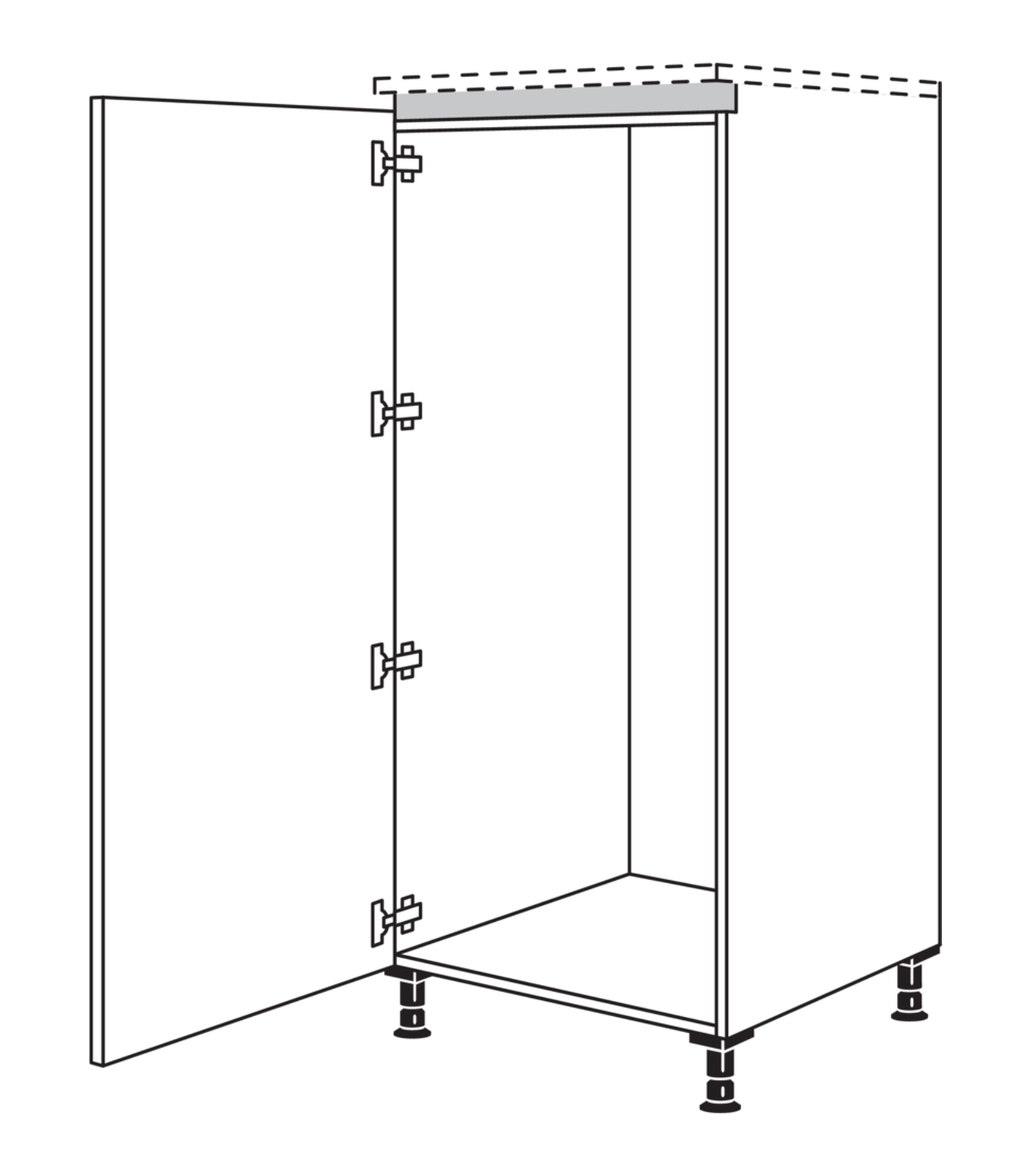 Grifflos geplantes Highboard mit geöffneter Gerätetür und durchgehender Kühlnische in 140 cm Höhe