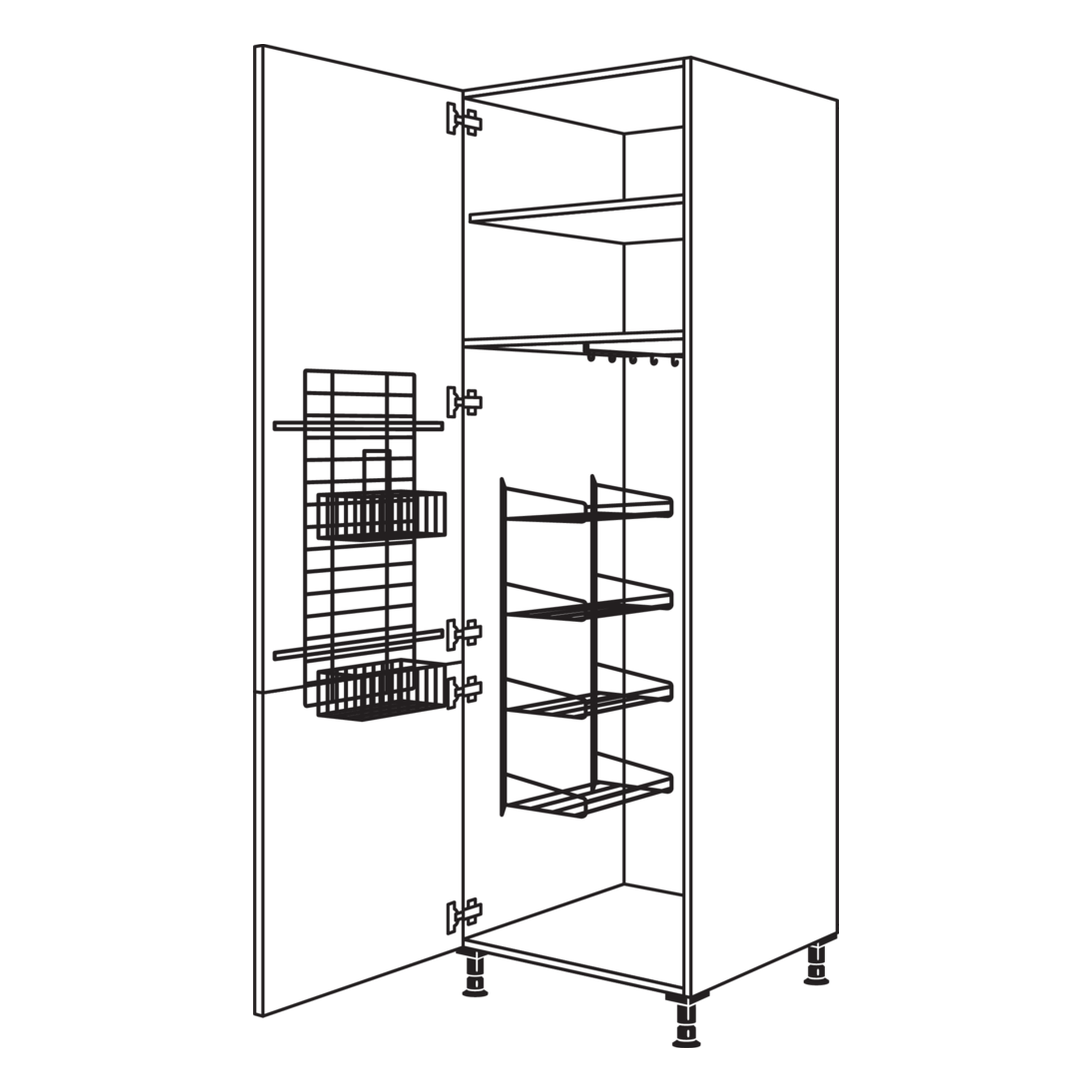 Besenschrank 60 cm breit mit Systemgitter an der Innentür, zwei Putzmittelkörben und Systemregal mit Schlauchhalter für den Staubsauger