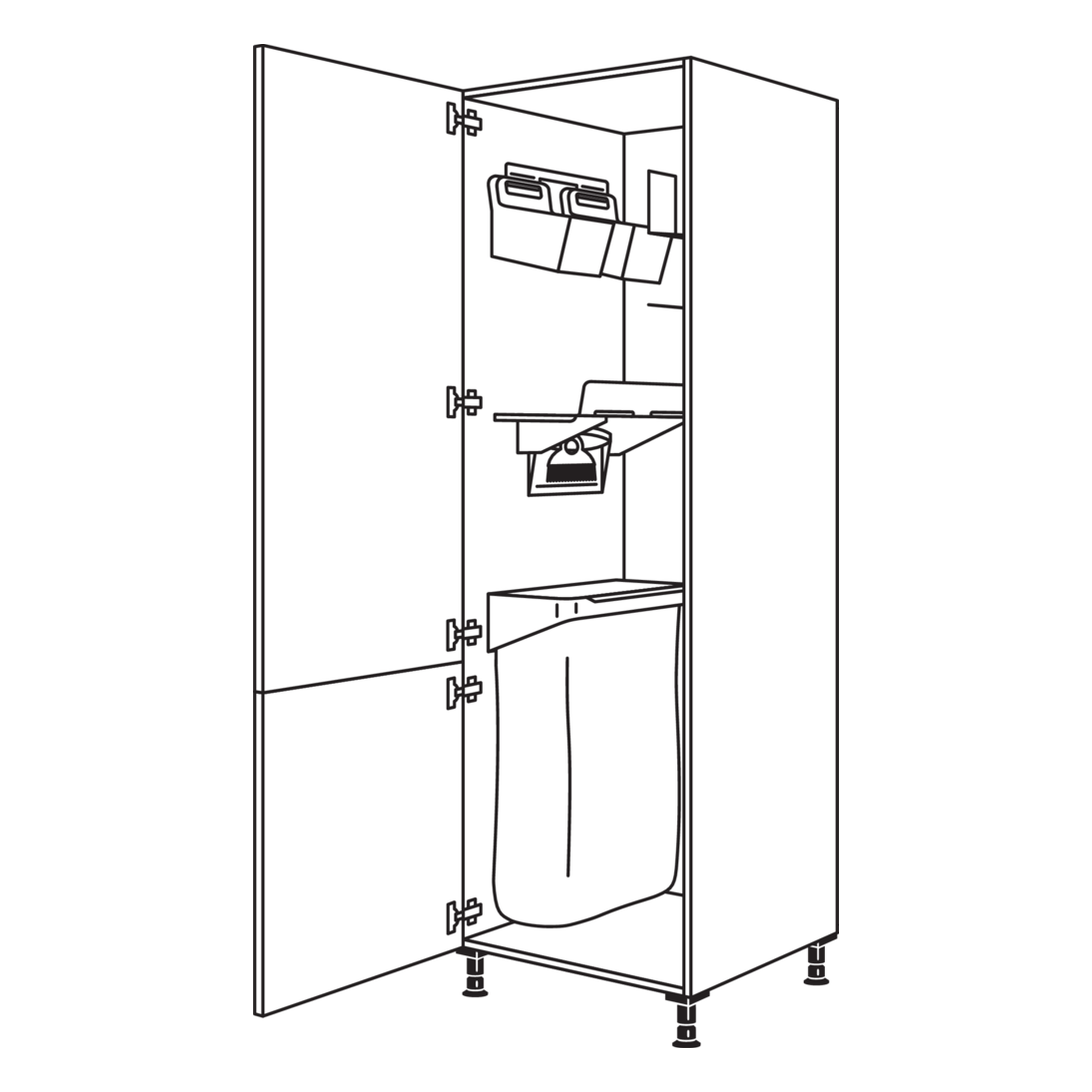 Hauswirtschaftsschrank 60 cm breit mit Wertstoff-Depot und Baumwollsack im Unterteil und Ablage mit Kehrset in der Mitte