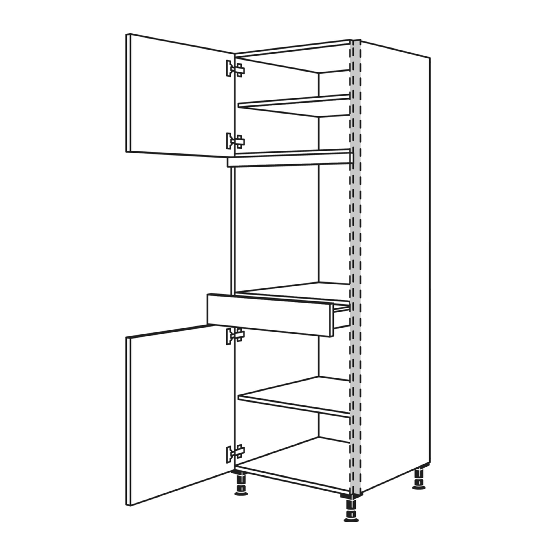 Grifflose Backofen-Hochschrank Skizze: eine Gerätenische, darüber und darunter Türen mit Einlegeböden, 60 cm breit