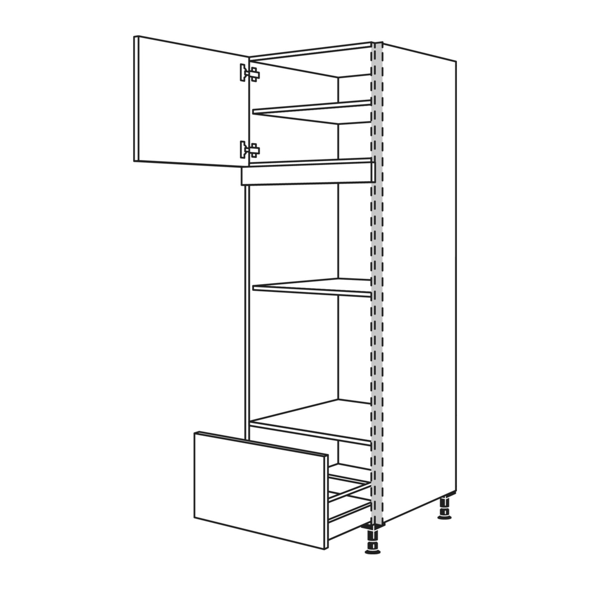 Grifflose Hochschrank Skizze mit zwei Nischen: Backofen und Zweitgerät übereinander, darunter ein Auszug, 60 cm breit