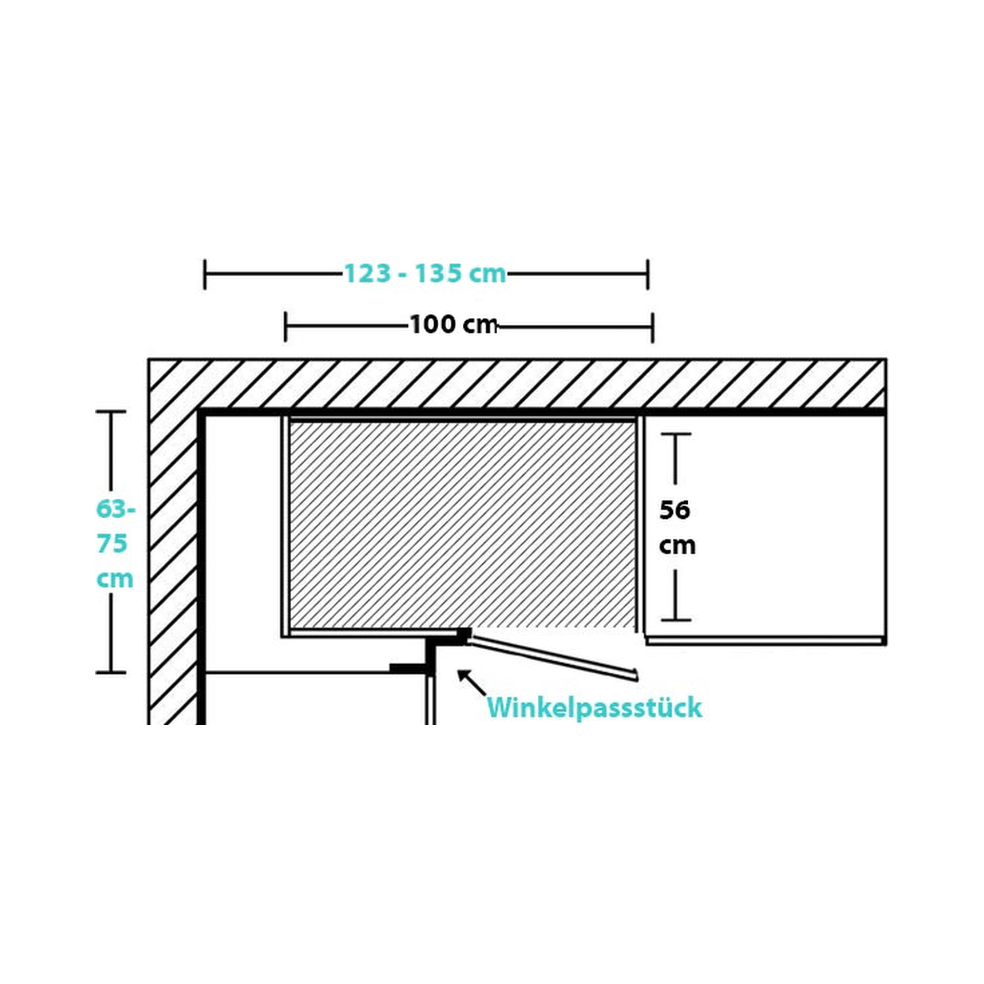 Skizze einer Küchenecke von oben mit Halbeckschrank UED 100-60 von Nobilia: Korpus 100 cm, Planmaß an der langen Wand 123 cm bis 135 cm, an der kurzen Wand 63 cm bis 75 cm, Seitentiefe 56 cm, Winkelpassstück mit Tür
