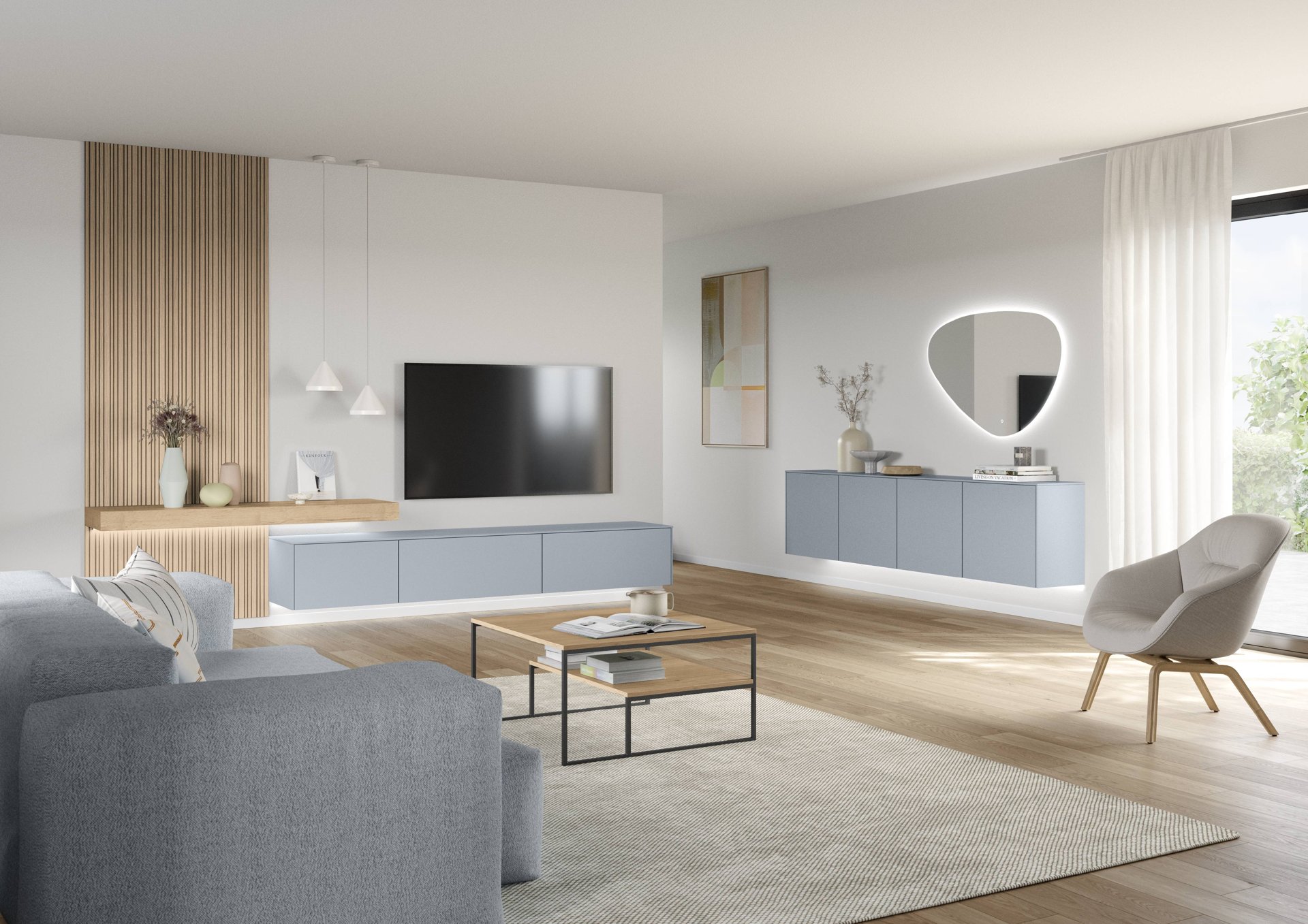 Wohnzimmer mit zwei hängenden grifflosen Sideboards in Hellblaugrau vor einer Holzlamellenwand, davor ein Sessel, Nobilia Senso