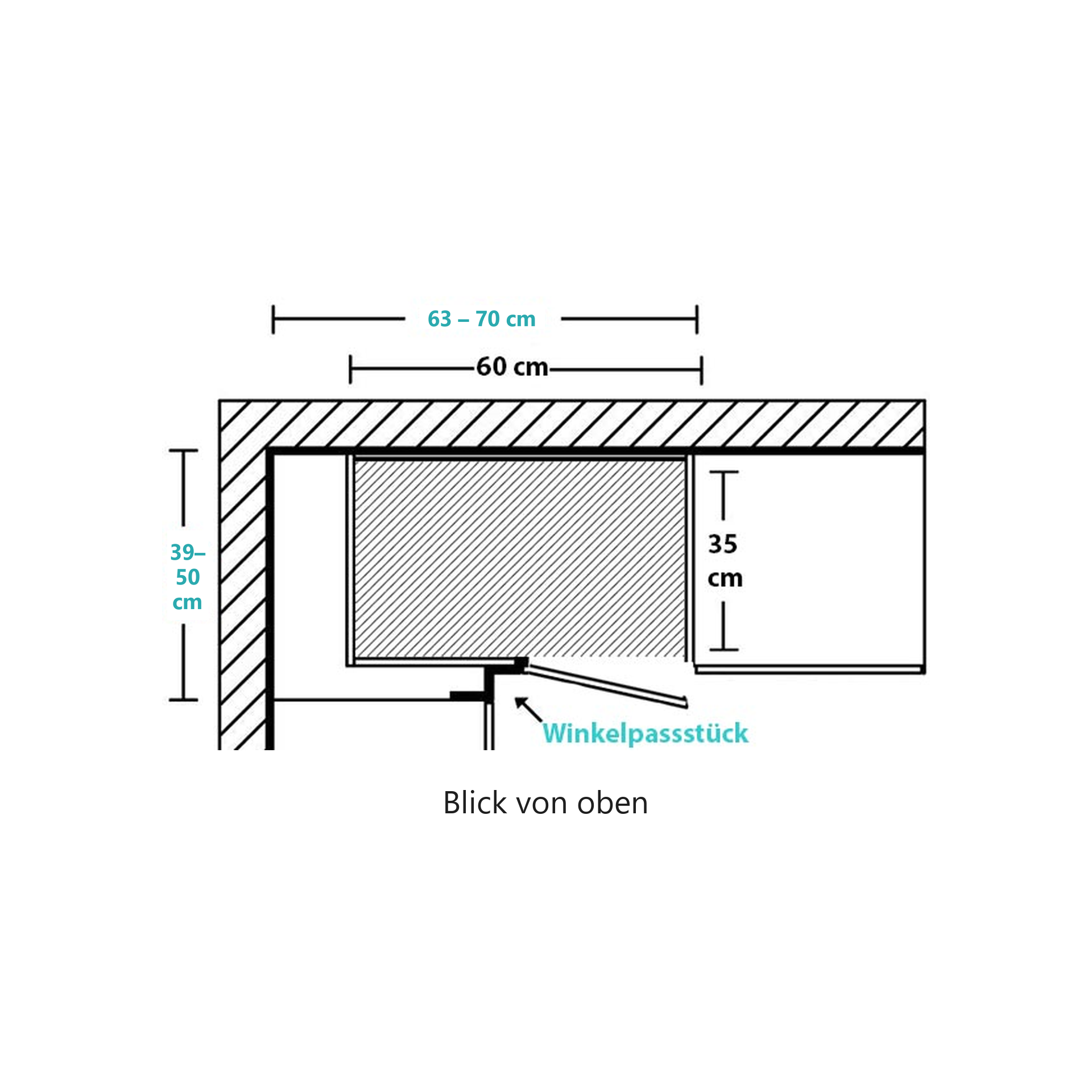 Skizze eines Halb-Eck-Hängeschranks WE 60-20 von oben: Planmaß an der langen Wand 63 cm bis 70 cm, an der kurzen Wand 39 cm bis 50 cm