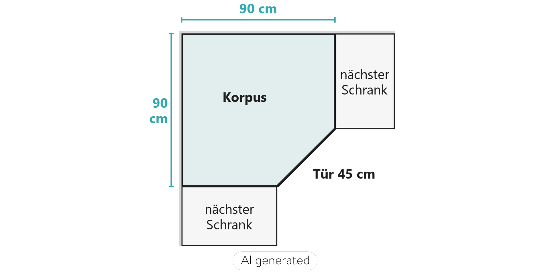 Draufsicht Diagonal-Eckschrank, 90 × 90 cm, schräge Tür, Nachbarschränke an beiden Wänden, Nobilia