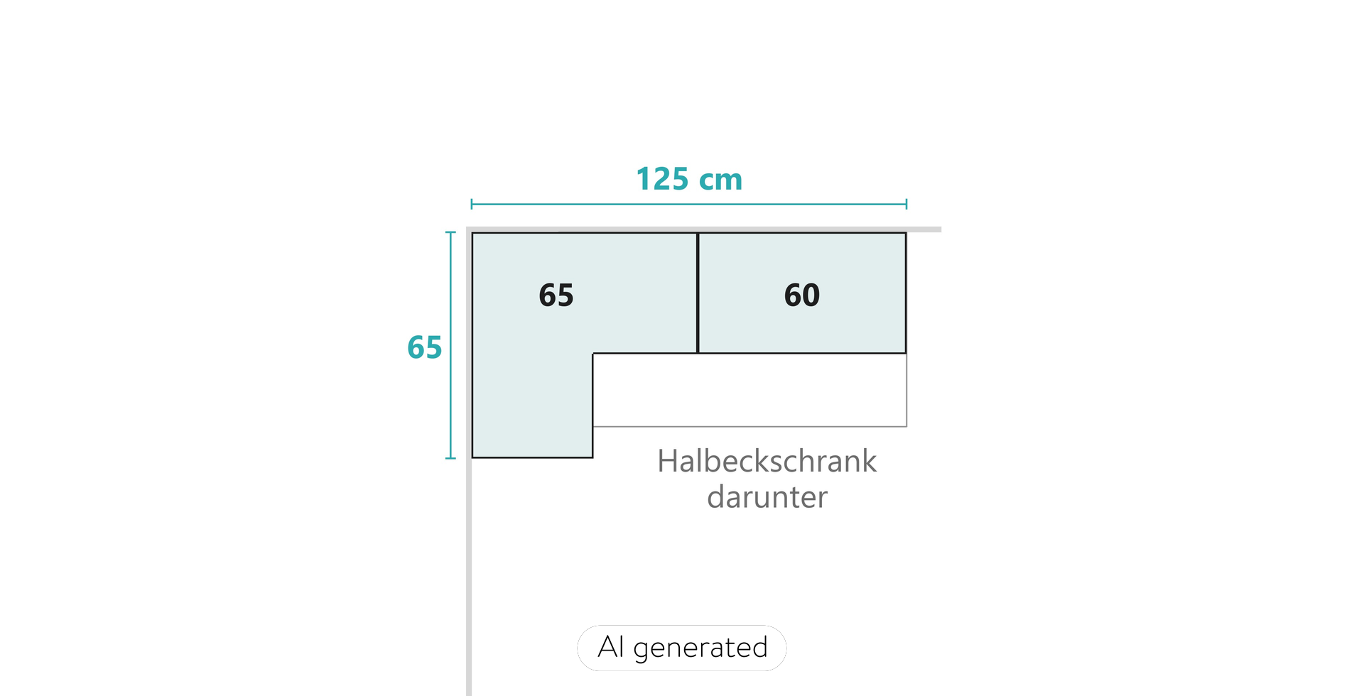 Draufsicht: Eck-Hängeschrank 65 × 65 cm und Hängeschrank 60 cm, zusammen 125 cm, über einem Halbeckschrank mit 125 cm, Nobilia