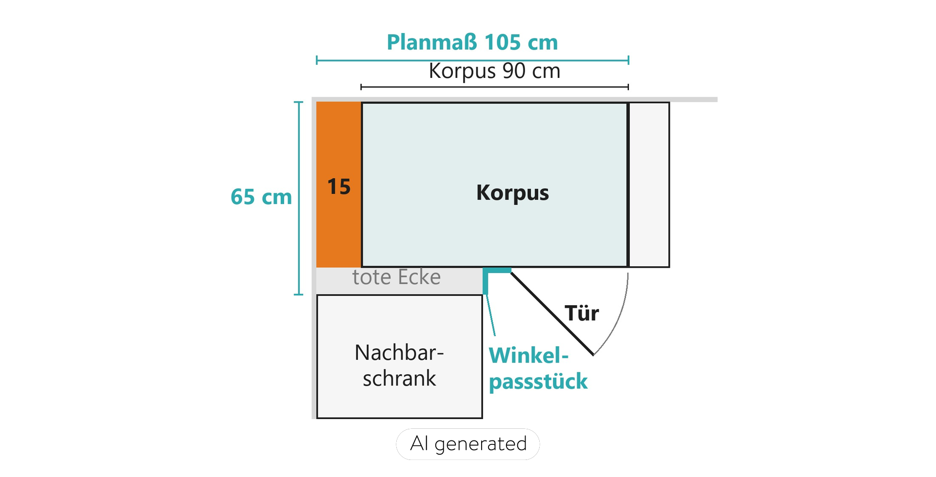 Draufsicht Halbeckschrank 90-40: Planmaß 105 cm, Korpus 90 cm, die 15 cm zwischen Raumecke und Korpus farbig markiert, Winkelpassstück, Tür und Nachbarschrank, Nobilia